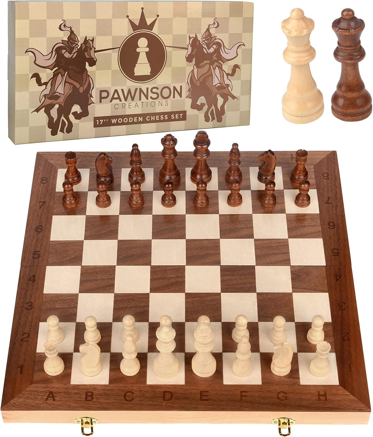 Wooden Chess Set for Kids and Adults – 17 in Staunton Chess Set - Large Folding Chess Board Game Sets - Storage for Pieces | Wood Pawns - Unique E-Book for Beginner - 2 Extra Queens