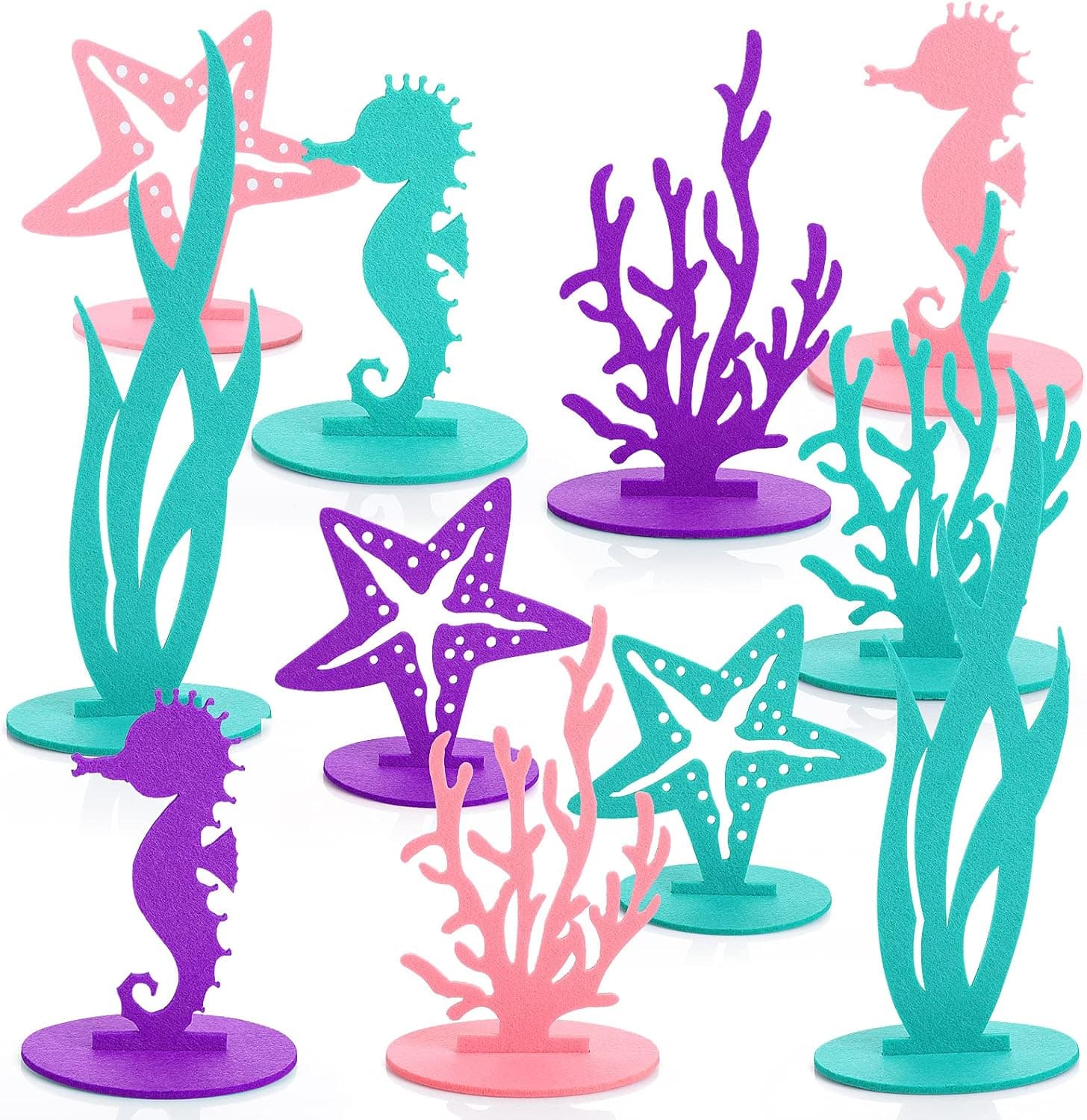 Prasacco 24 Pcs Mermaid Birthday Decorations, Felt Table Centerpiece DIY Under The Sea Party Decoration Seahorse Starfish Seaweed Coral Decoration for Ocean Theme Mermaid Birthday Party Baby Shower