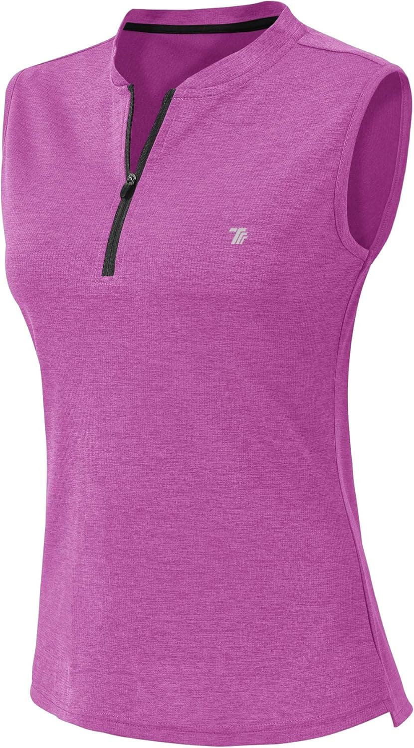 YSENTO Women's Dry Fit Tennis Golf Shirts Zip Up Sleeveless Collarless UPF 50+ Yoga Gym Workout Tops Shirts