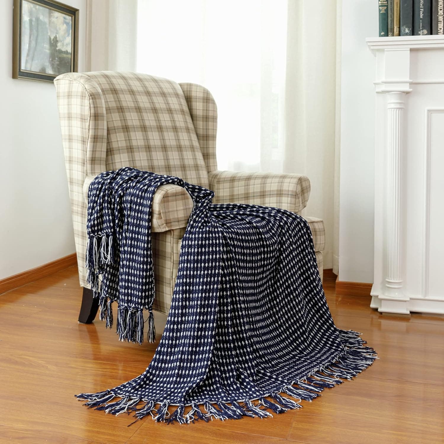 Decorative White Dot Navy Throw Blanket, Soft Chenille Woven Blanket with Tassels for Farmhouse Boho Décor, 50" x 60", Dark Navy