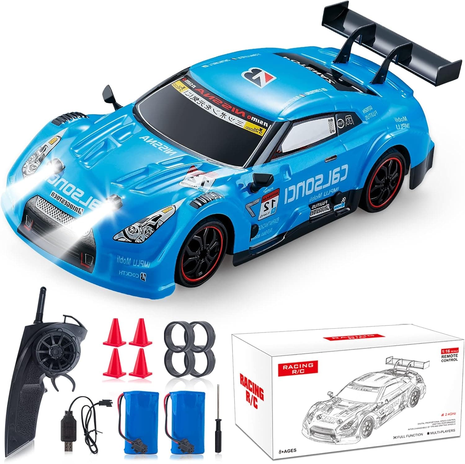 LFOLUSU Remote Control Car RC Drift Car 1:16 Scale 4WD RC Car with LED Lights 2.4GHz 28km/h RTR High Speed Racing Sport Toy Car for Adults Boys Girls Kids Gift 2Pcs Rechargeable Battery