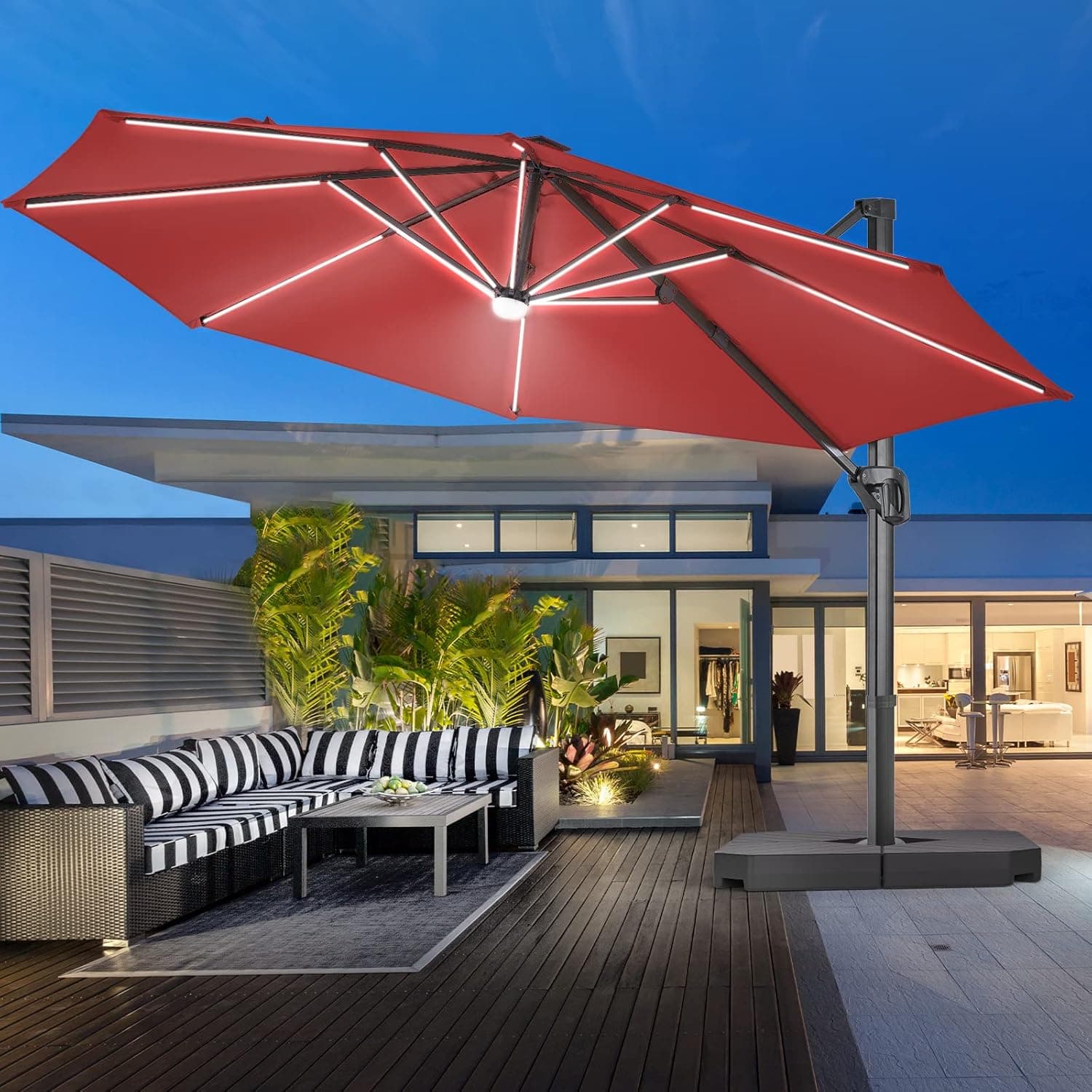 BLUU SEQUOIA 12 FT Solar Cantilever Umbrella LED Aluminum Offset Umbrella with 15 Strip Lights and Center light, Recycled Fabric 36 Month Fade Resistance, 360° Rotation & Cross Base (Burgundy Red)