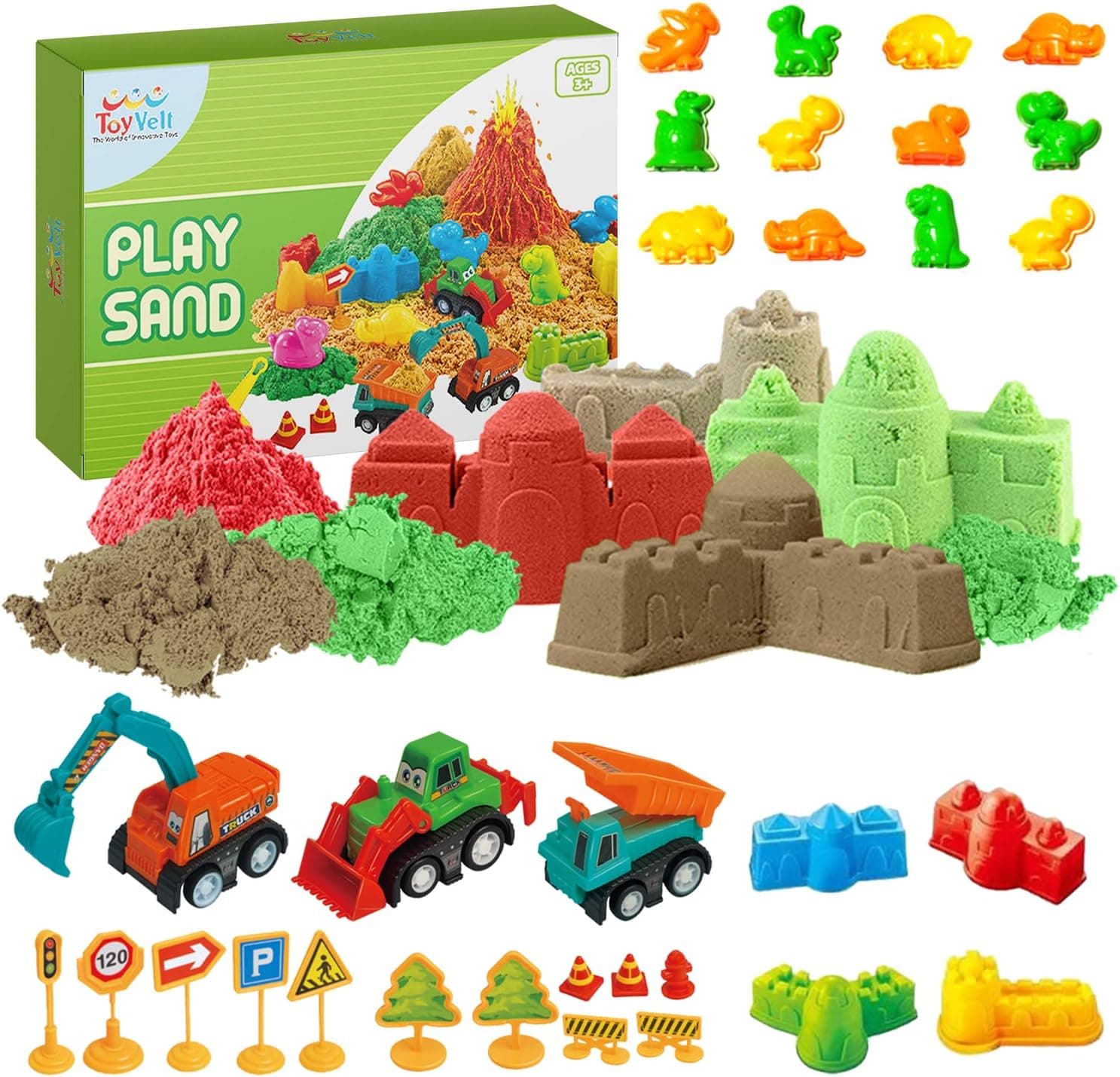 Toyvelt Sand Toys for Toddlers - Dinosaur Play Sand Kit Includes, 3 Lbs Sand, 3 Trucks, Dinosaur Sand Molds, Tray, Modeling Tools and Accessories for Boys and Girls Ages 3 - 10 Years Old
