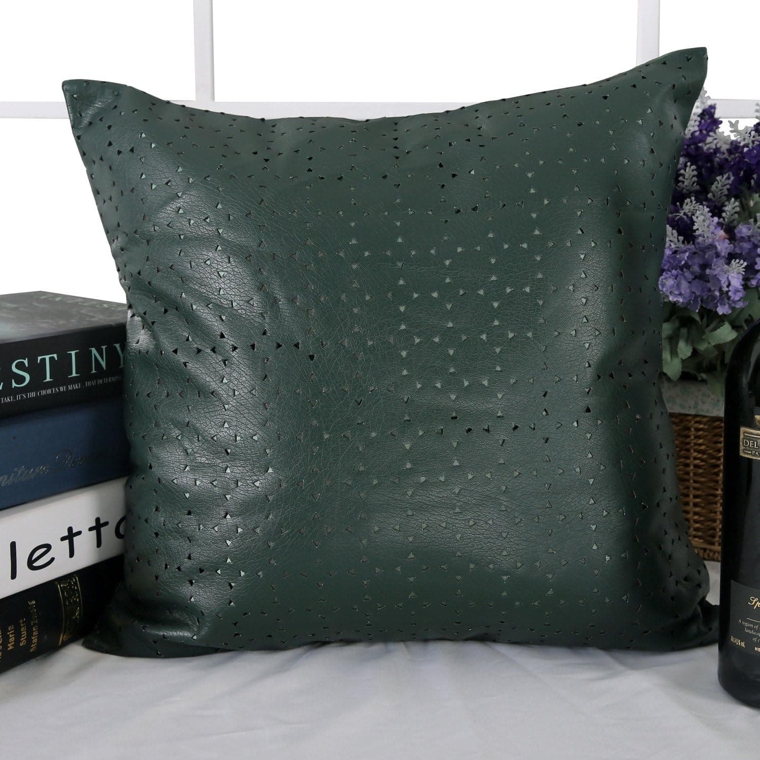 Deconovo Decorative Triangle Perforated Pattern Luxury Solid Faux Leather Pillows Cushion Cover for Bed 18X18 Inch Dark Green