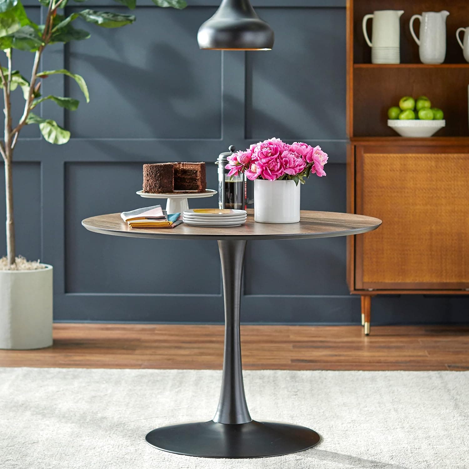 angelo:HOME Kavitt Mid Century Modern Round Metal Dining Table, 39.3"", Walnut