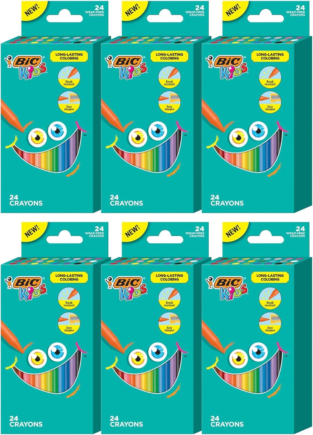 BIC Kids Crayons, Break Resistant, Wrap-Free, Long-Lasting Coloring, Vivid Assorted Colors, 24-Count - Pack of 6
