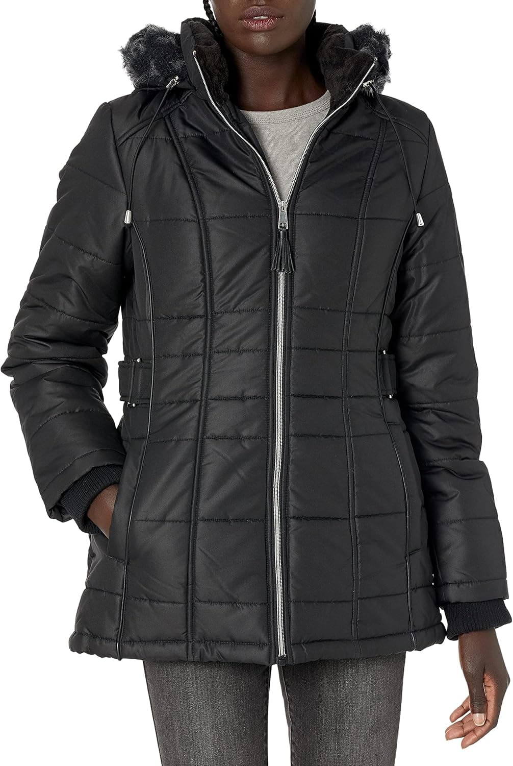 INTL d.e.t.a.i.l.s Women's Cinchable-Waist Coat with Cozy-Trimmed Hood