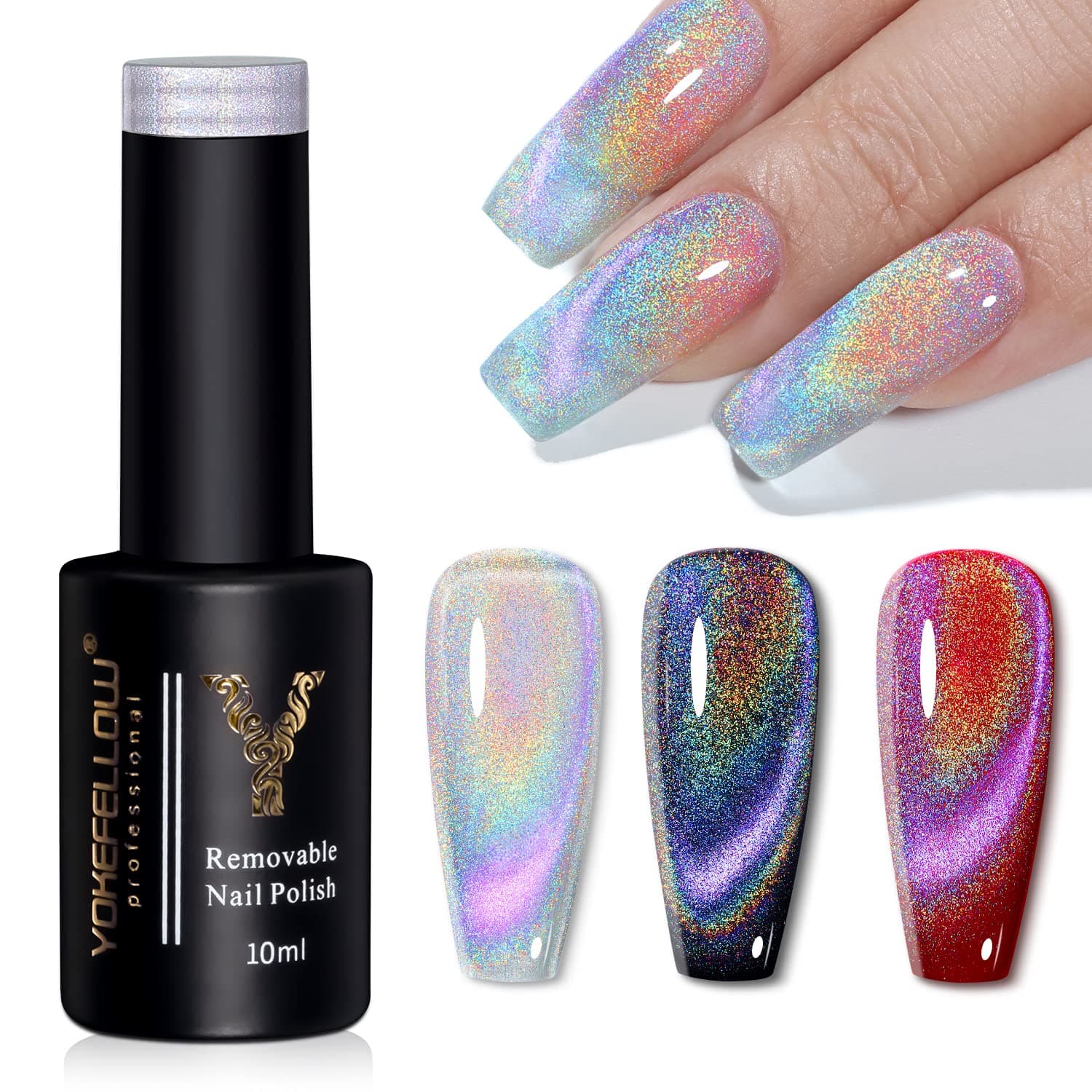 YOKE FELLOW 10ML Rainbow Cat Eye Gel Nail Polish, Soak Off UV Gel Polish Laser Holographic 9D Cat Eye Rainbow Shimmer Effect