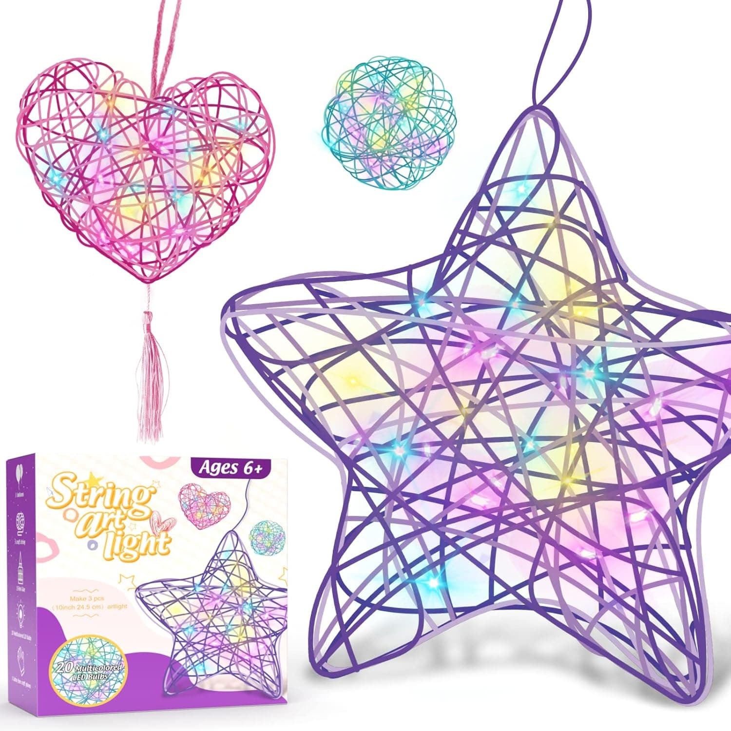 Careenoah Arts and Crafts for Kids Ages 6-12, Christmas Birthday Gifts for 6 7 8 9 10 11 12 Year Old Girls and Boys,3 Pack 3D String Art Kit, Heart Star Round Lantern 20 Multi-Colored Bulbs