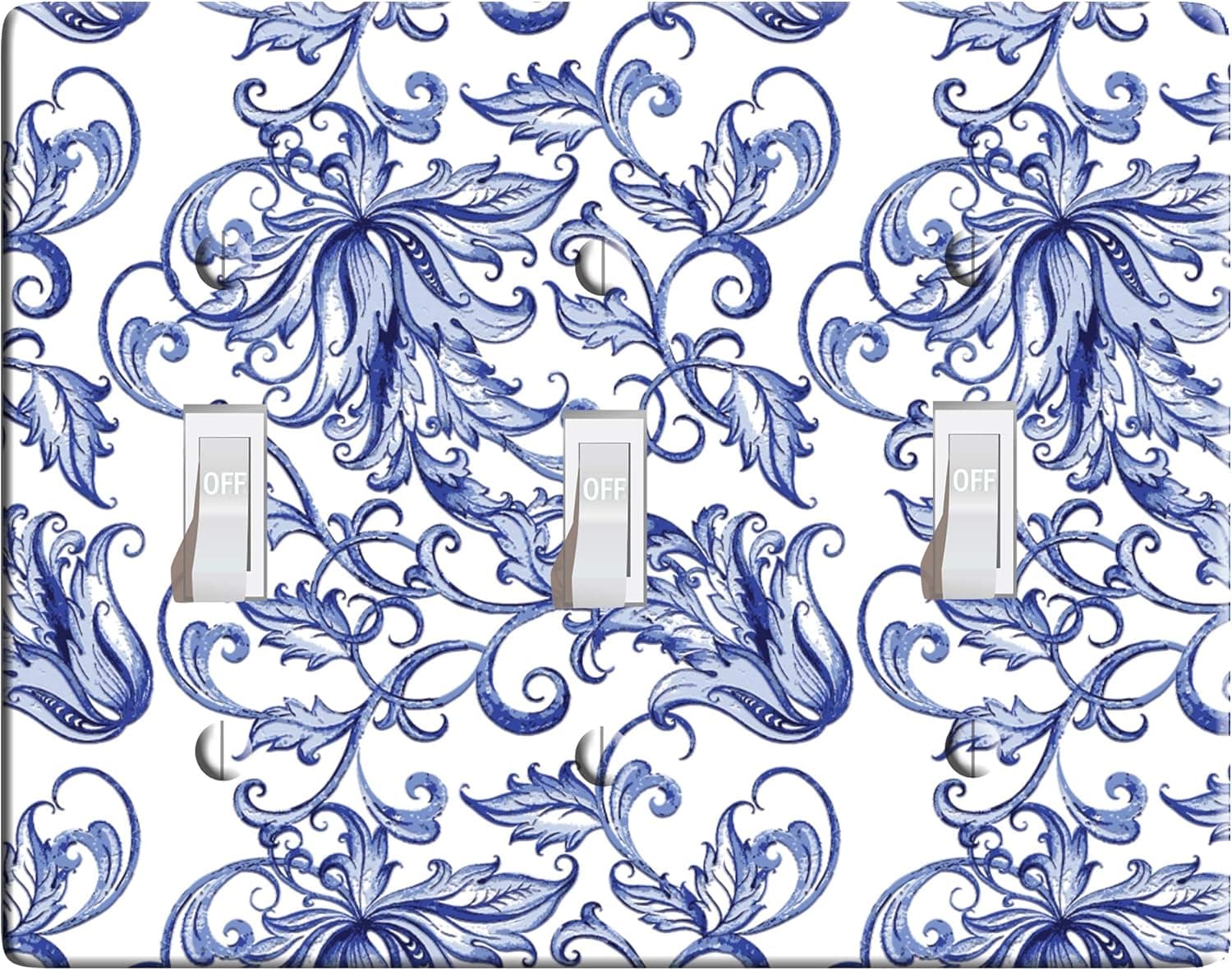 3-D Effect Printed Maxi Metal Blue and White Porcelain Pattern- Light Switch/Outlet Cover D0003 (3-gang toggle)