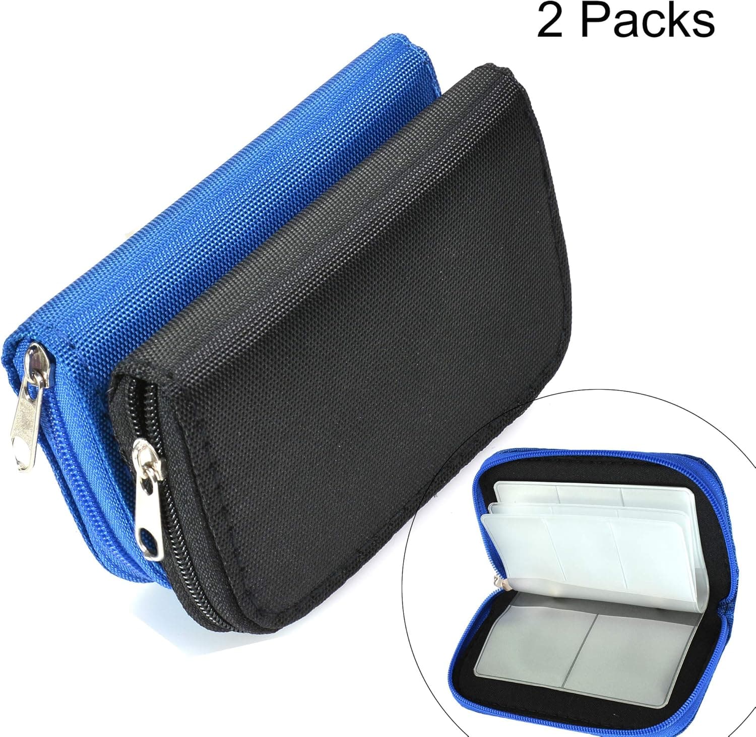 Memory Card Cases, 2 Packs Bestshoot Memory Card Holder Bags Pouch Organizer Keeper 22 Slot SD Micro SD CF SDHC SDXC MMC Secure Digital Compact Flash Cards Wall Bags for Media Storage (Black + Blue)