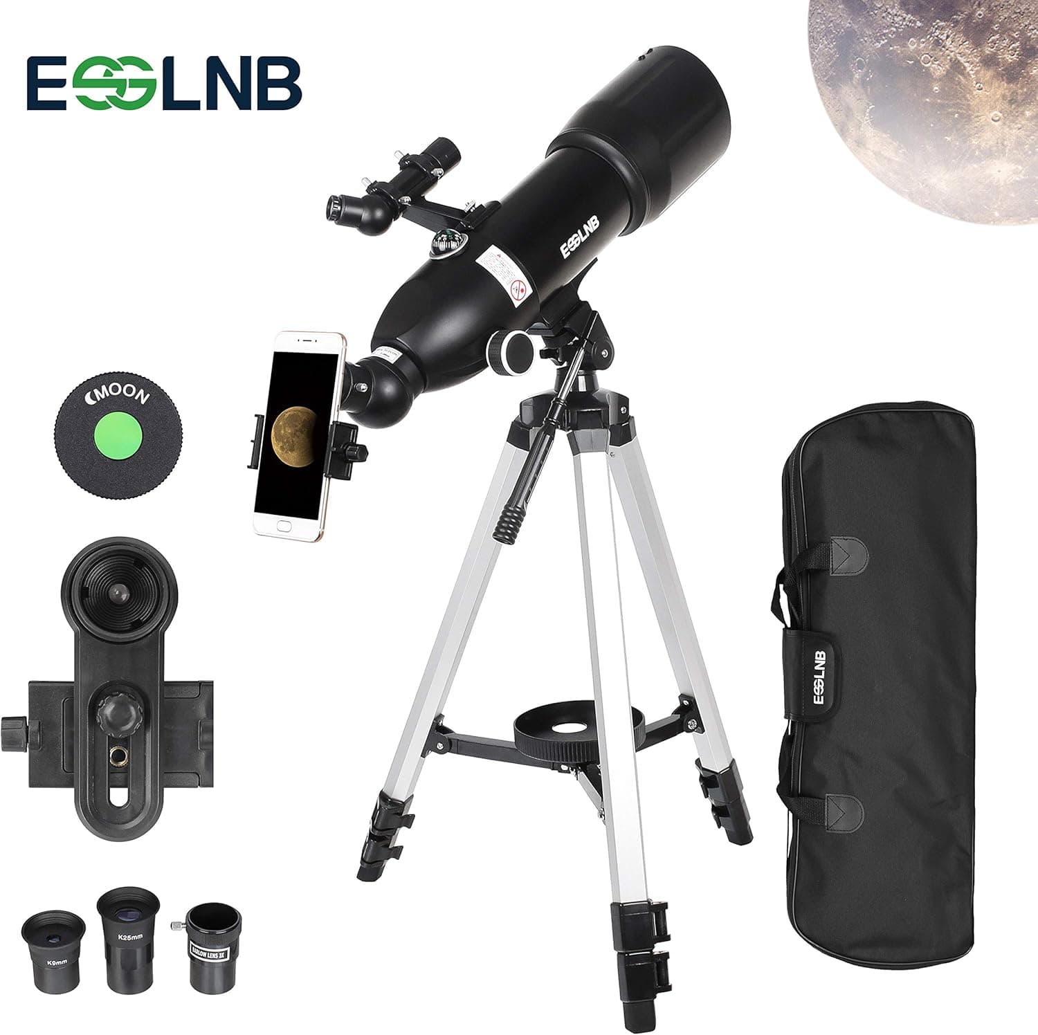 ESSLNB Telescope for Kids Adults Astronomy Beginners 80mm Travel Scope Refractor Telescope with Tripod 10X Phone Mount and case