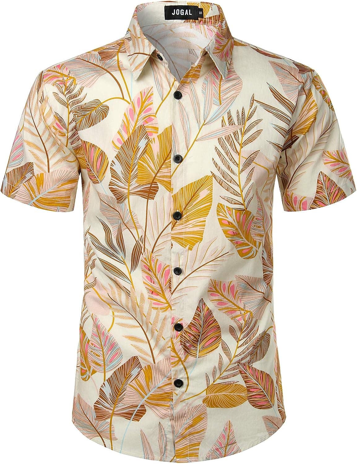 JOGAL Men's Flower Cotton Button Down Short Sleeve Hawaiian Shirt