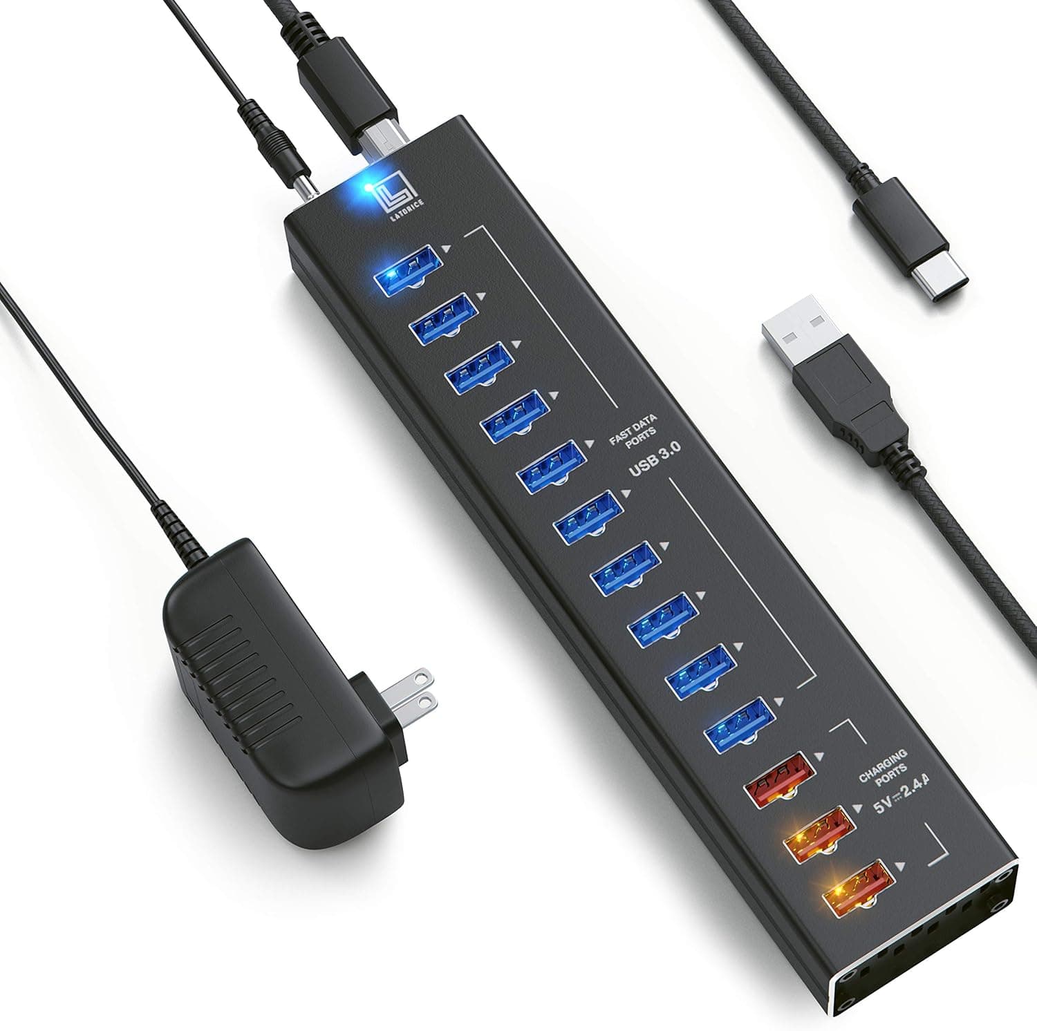 USB Hub Powered - Unibody Aluminum Multi-Port USB Hub with 10 USB 3.0 Ports, 3 Charging Ports, Cords C and A, Powered USB Splitter HUB - by Latorice
