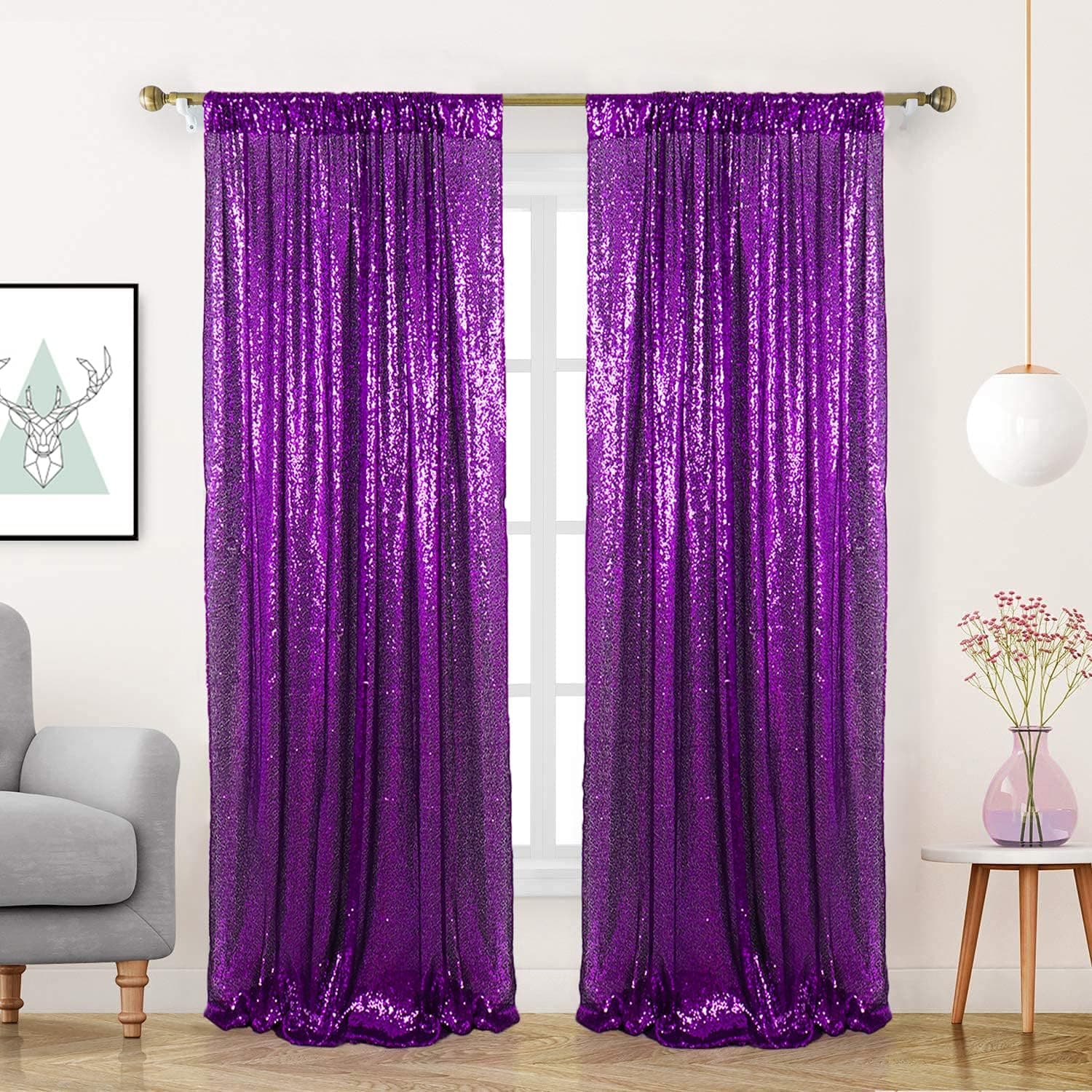 AMZLOKAE Curtains 2 Panels 2FTx7FT Purple Glitter Backdrop Curtains Sequin Shower Curtain 84 inch Sequin Photography Backdrop for Weddings Photo Booth Hanging (2FTx7FTx2, Purple)