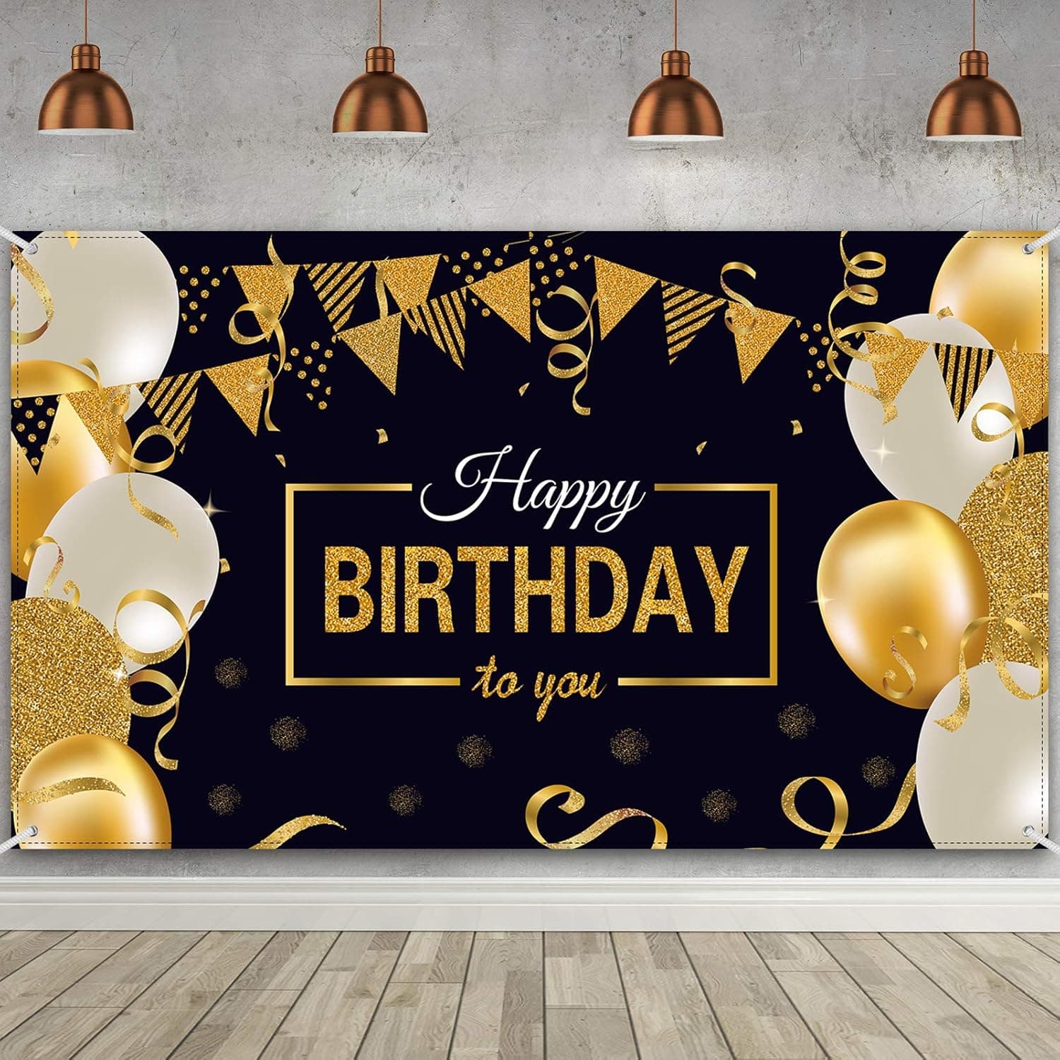 Happy Birthday Backdrop Banner Black and Gold Sign Poster for Men Women Birthday Anniversary Party Photo Booth Backdrop Background Banner with Balloon Decor Supplies (Extra Large, 55.1 x 92.5 Inch)