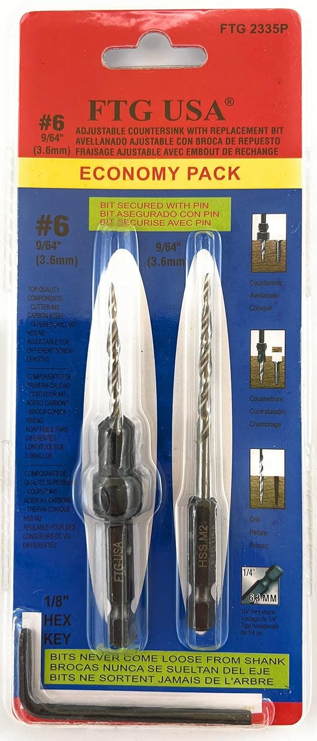 FTG USA Adjustable Wood Countersink Drill Bit Set #6 (9/64") with 1 Replacement HSS M2 Woodworking Tapered Drill Bit Secured with Pin Maximum Torque and 1 Hex Wrench (1/8" Allen Key)