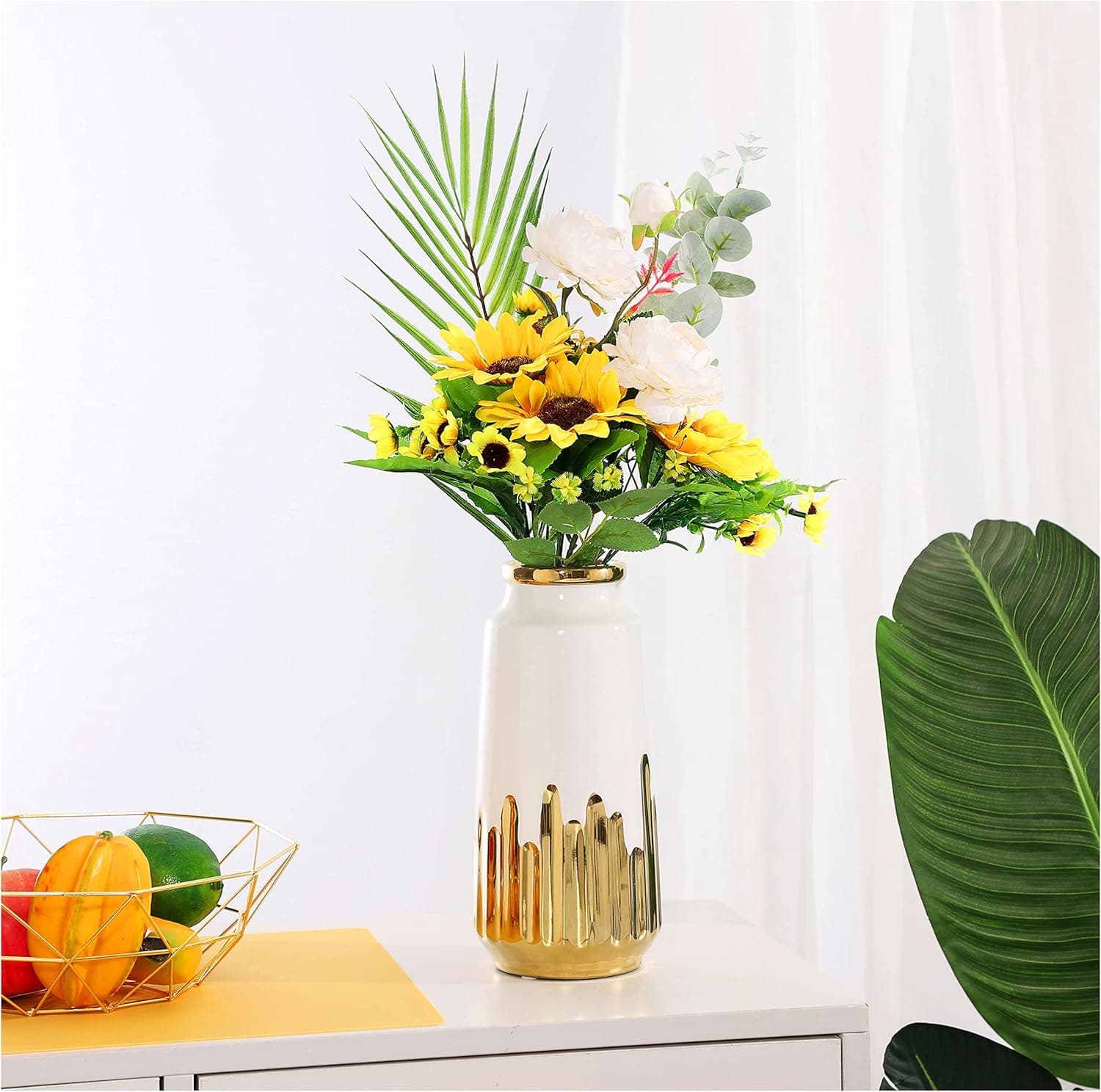 White Ceramic Vases Decorative Flower Vase with Gold Plated Ins Modern Vase for Home Office Decor,B