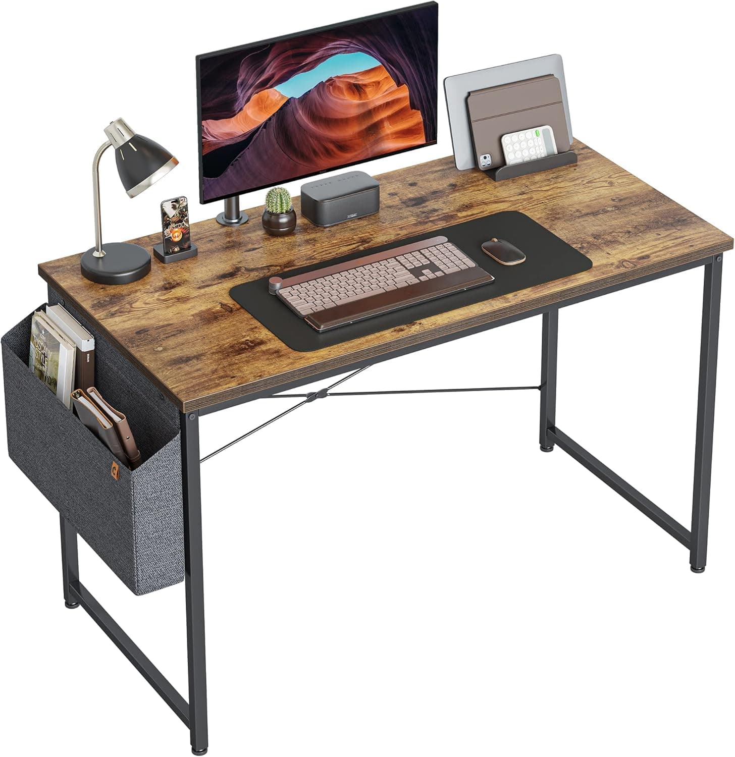 Cubiker Computer Desk 47 inch Home Office Writing Study Desk, Modern Simple Style Laptop Table with Storage Bag, Brown
