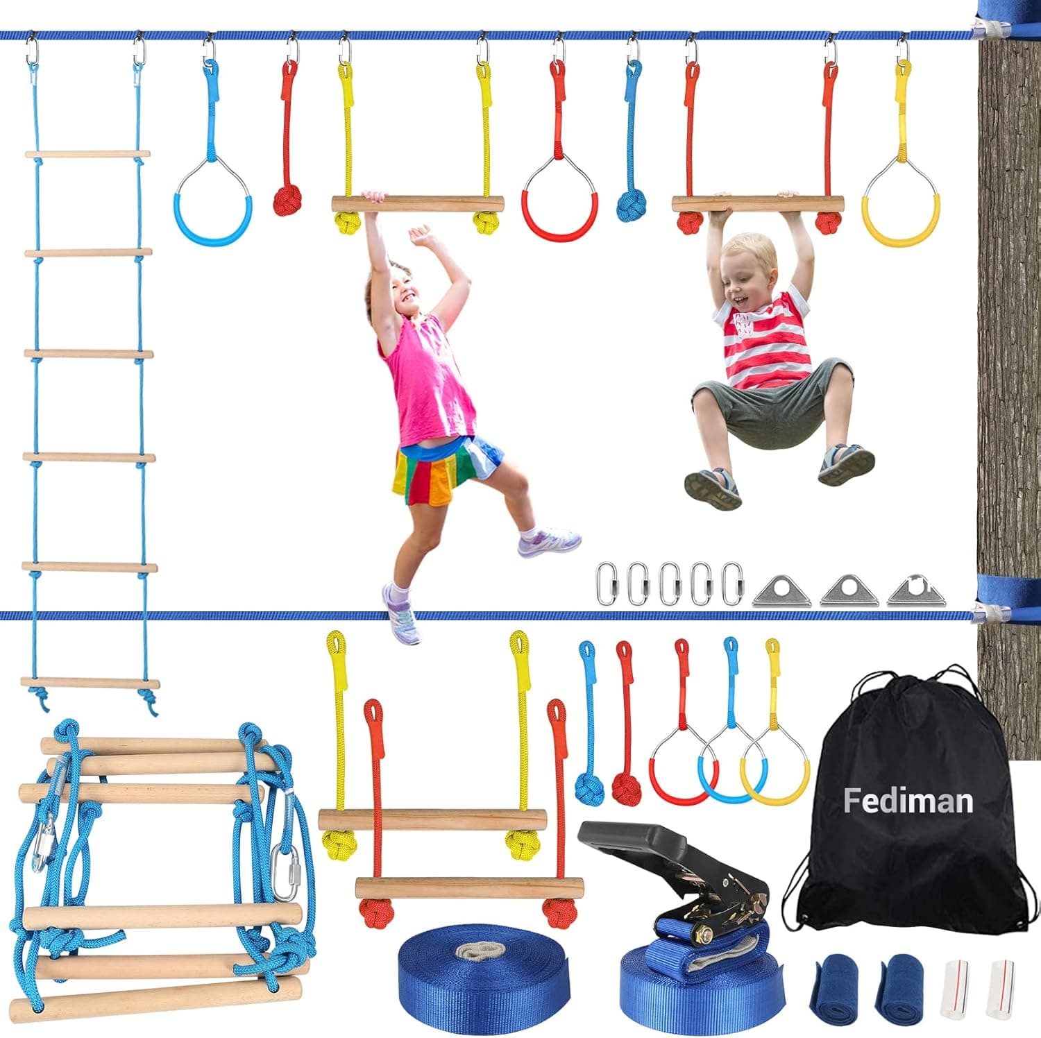 Ninja Warrior Obstacle Course for Kids, 400lb Ninja Slackline with 10 Obstacles (100 FT Ninja Slackline)