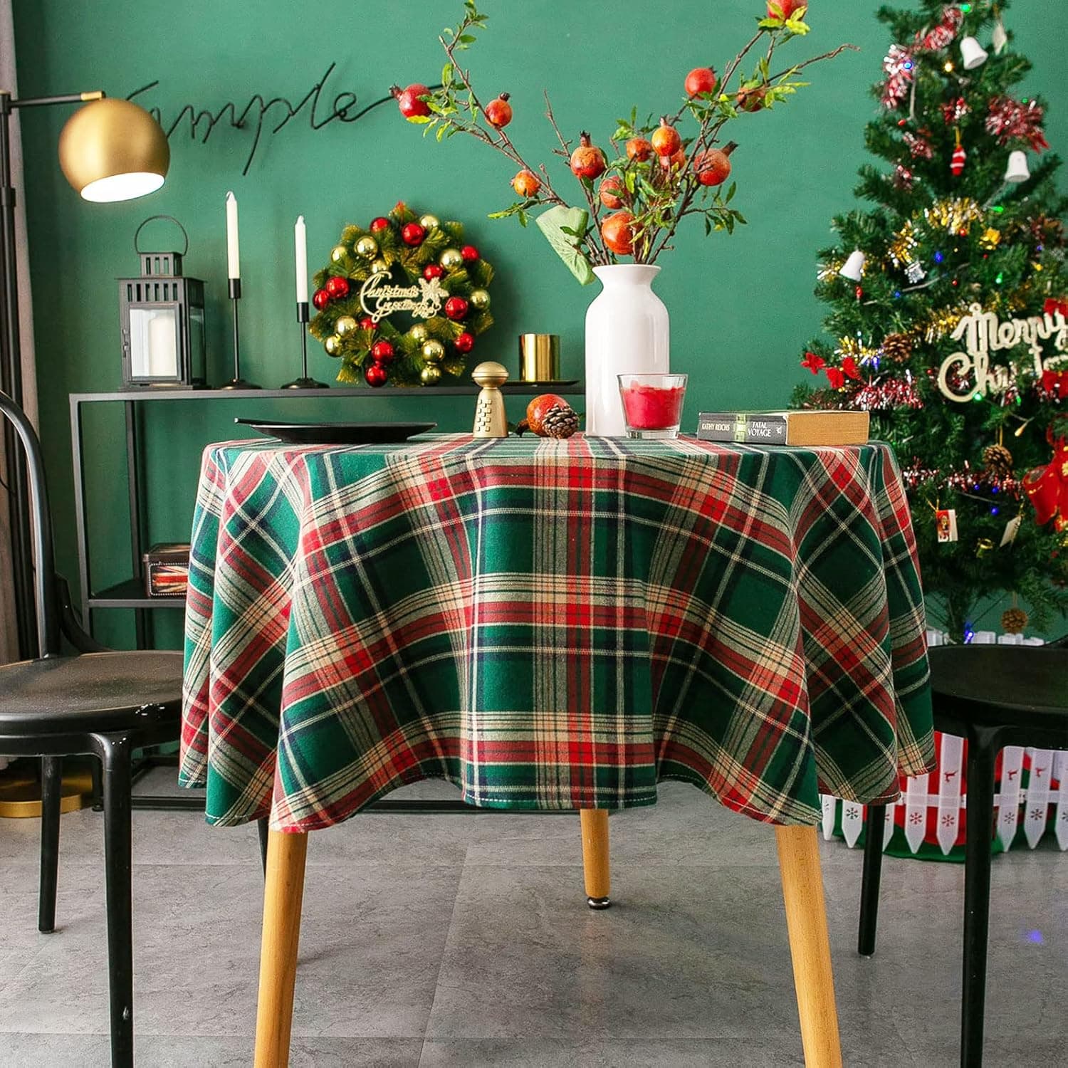 Yoahije 59 Inch Checkered Round Tablecloth Polyester-Cotton Plaid Tablecloth for Christmas, Party, Home, Festival etc (Green Gingham)
