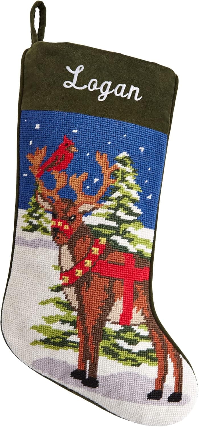 Let's Make Memories Personalized Needlepoint Vintage Christmas Stocking – Family Stockings – Old-Fashioned Christmas Decor – Mantel Décor - 8"x17" - Reindeer - Customized Embroidered Name