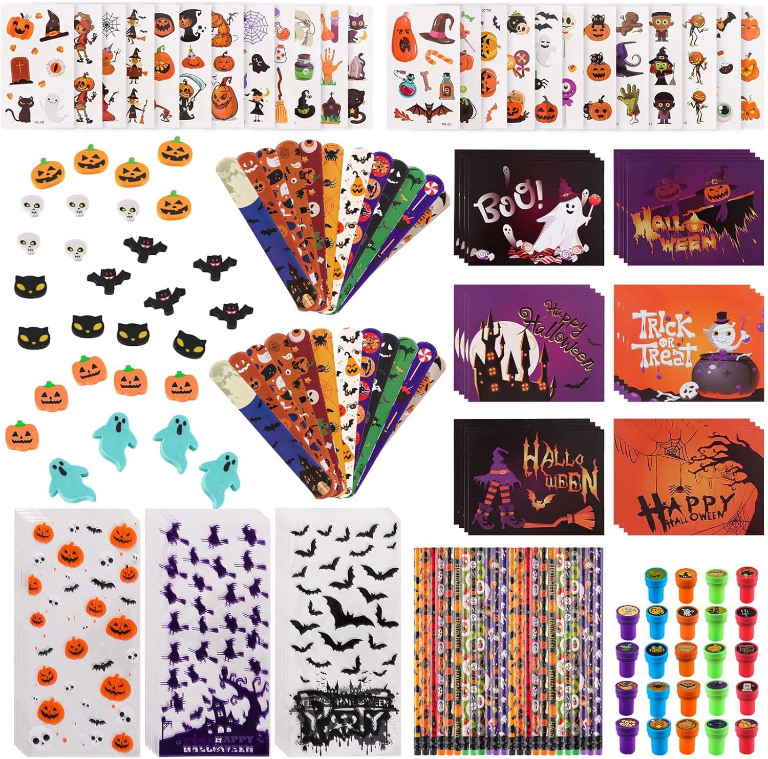 Adevit 168pcs Halloween Party Favors, Halloween Stationery Set for kids Halloween Stationery gift kit Halloween Goody Bag Fillers including Pencil Eraser Bracelet Ruler Greeting Card Stamper Sticker