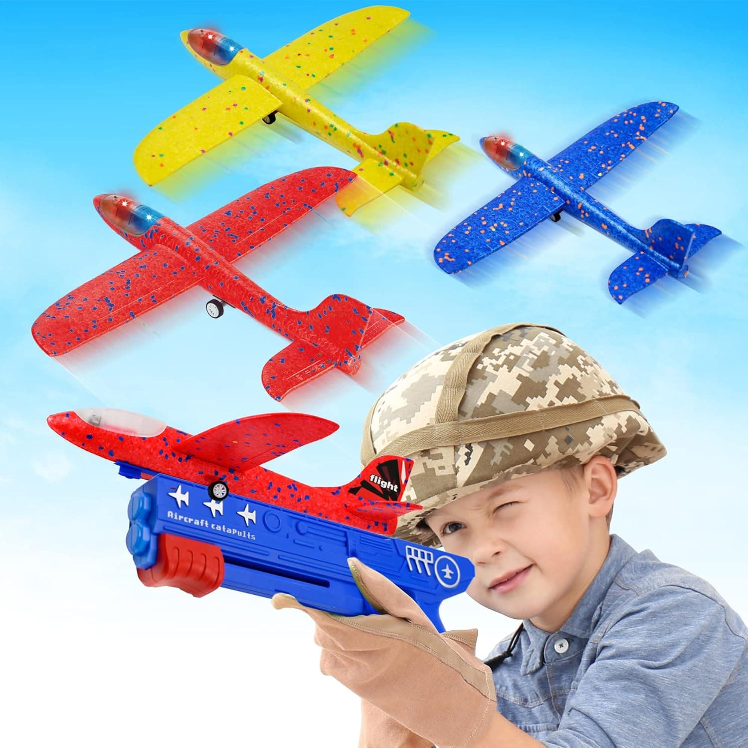 3 Pack Airplane Launcher Toys for Kids,2 Flight Modes, 2 in 1 LED Foam Glider Catapult Plane Toy With 3 DIY Stickers, Outdoor Flying Toy Birthday Gifts for Boys Girls Age 4 5 6 7 8 9 10 11 12 Year Old