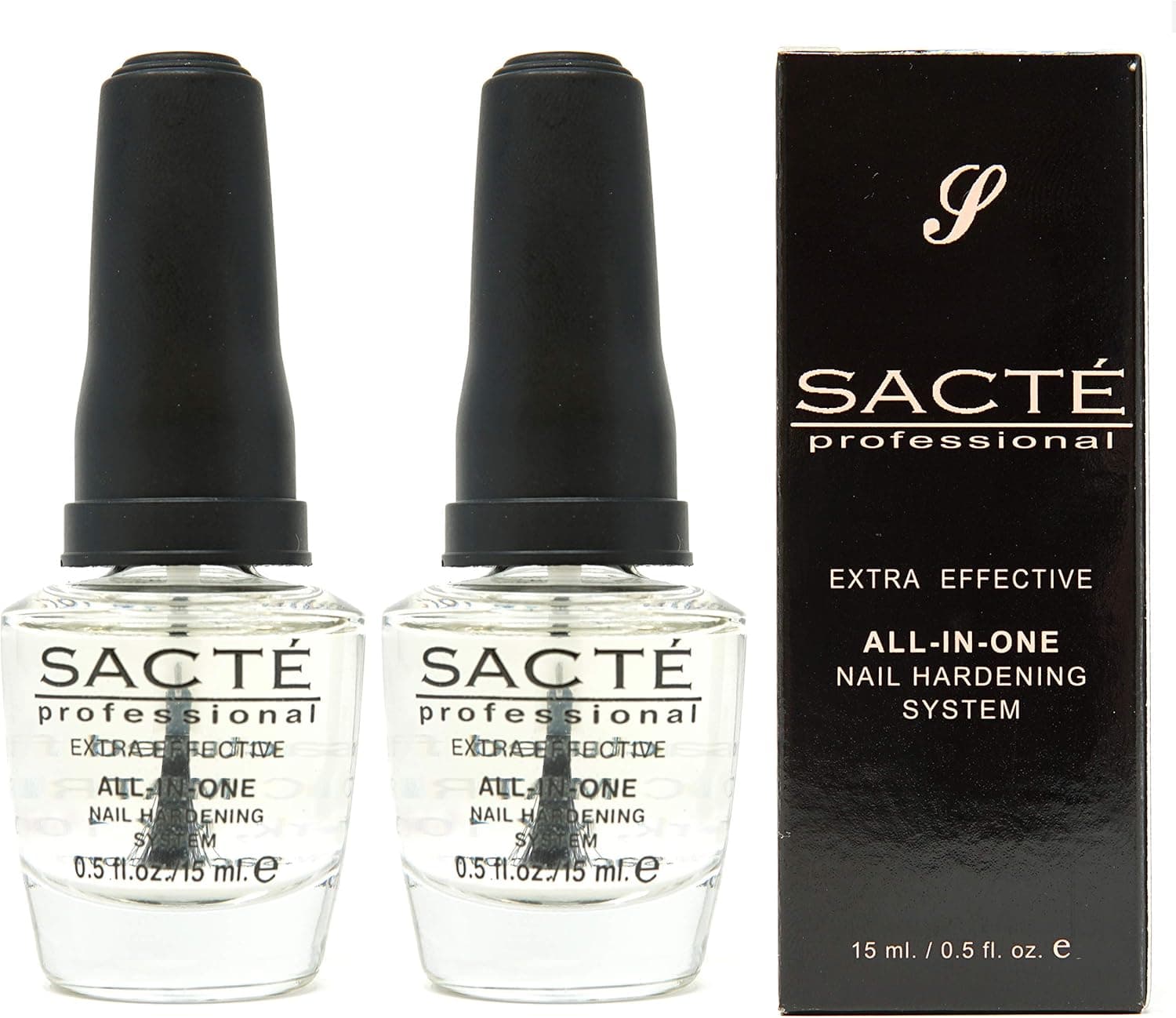 SACTE Nail Hardener Clear Nail Polish Strengthener [2 Pack] - Nail Tech Top Coat Transparent Fingernail Polish Nail Strengthening Polish (Esmalte Endurecedor para Unas) 0.5 fl oz. / 15 ml [2 Pack]