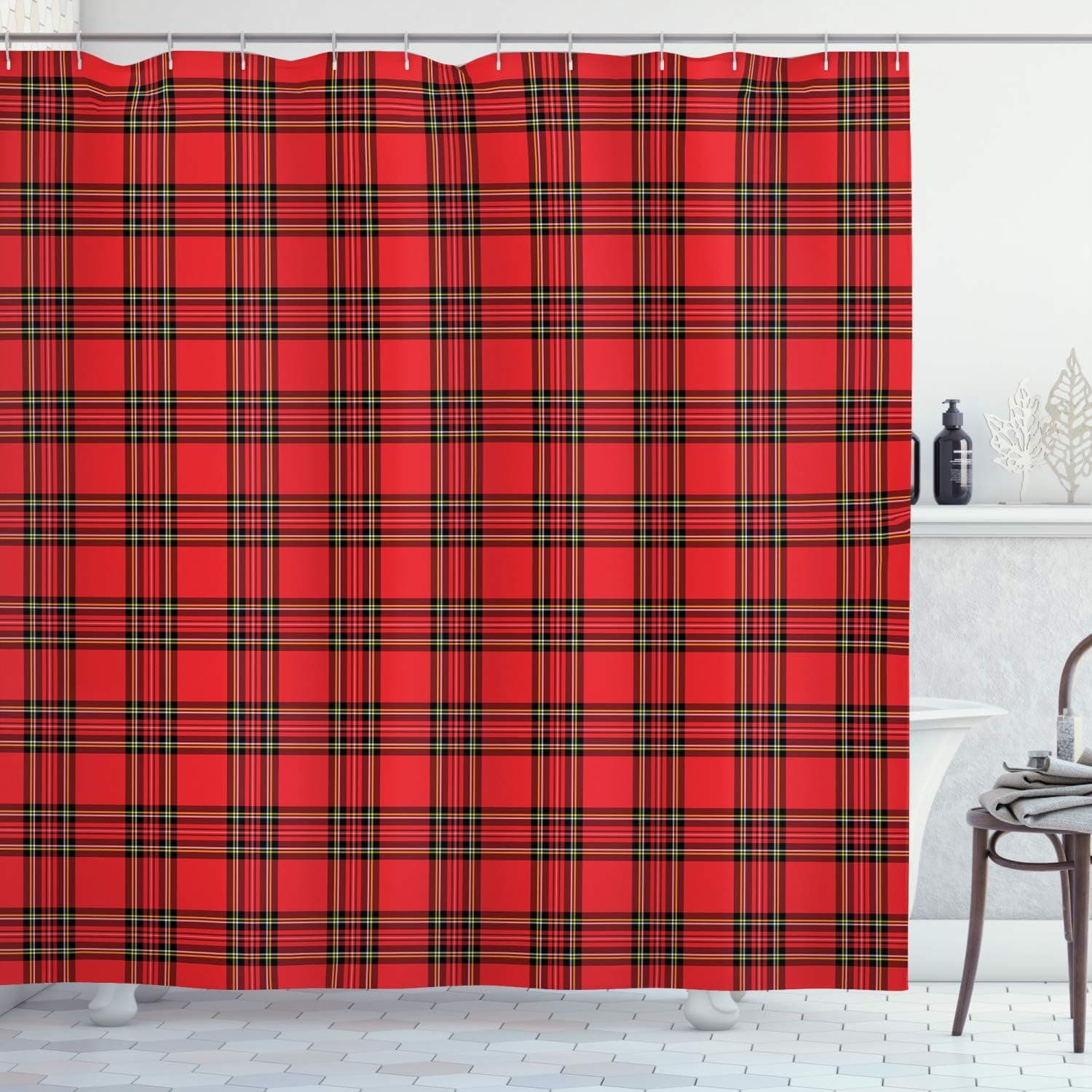 Ambesonne Retro Shower Curtain, Classical Plaid Pattern Scottish Striped Tartan Traditional Graphic Illustration, Cloth Fabric Bathroom Decor Set with Hooks, 69" W x 75" L, Vermilion Black