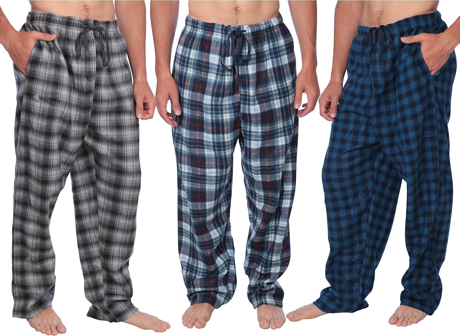 Active Club Mens Fleece Plaid Multipack Pajama Bottoms - Microfleece Lounge with Pockets