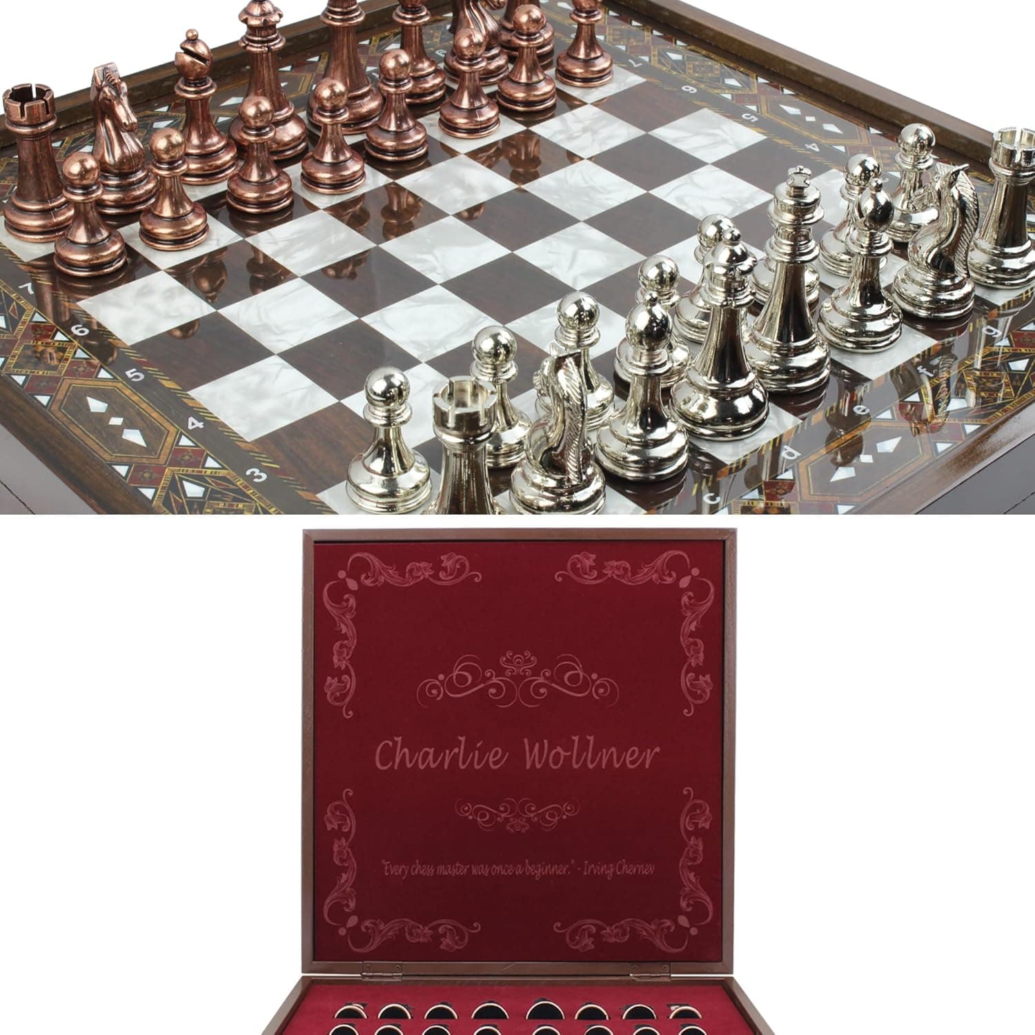 Antochia Crafts 15.7 Inch Wooden Mosaic Patterned Personalized Chess Set with Metal Figures - Customizable