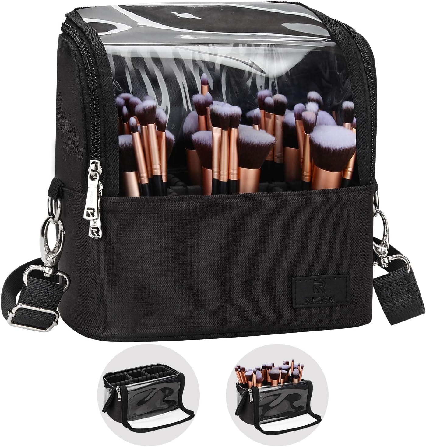 Makeup Brush Case Stand-up Makeup Cup Makeup Brush Holder Travel Professional Cosmetic Bag Artist Storage Bag with Shoulder Strap and Adjustable Divider (Large, Black)