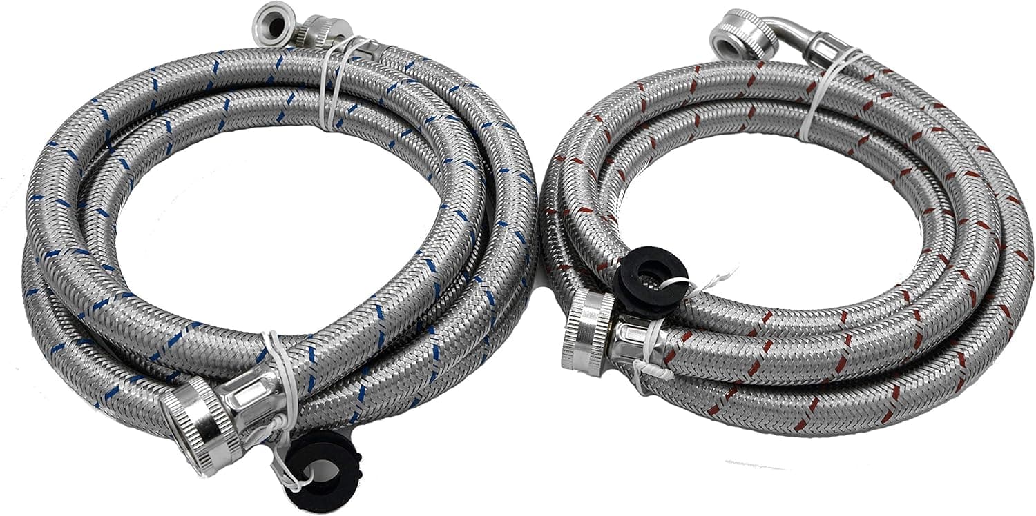 KILAUAN Washing Machine Hose Stainless Steel Braided Water Supply Line with 90 Degrees Elbow - 6 FT Burst Proof - With Red & Blue Color Coded