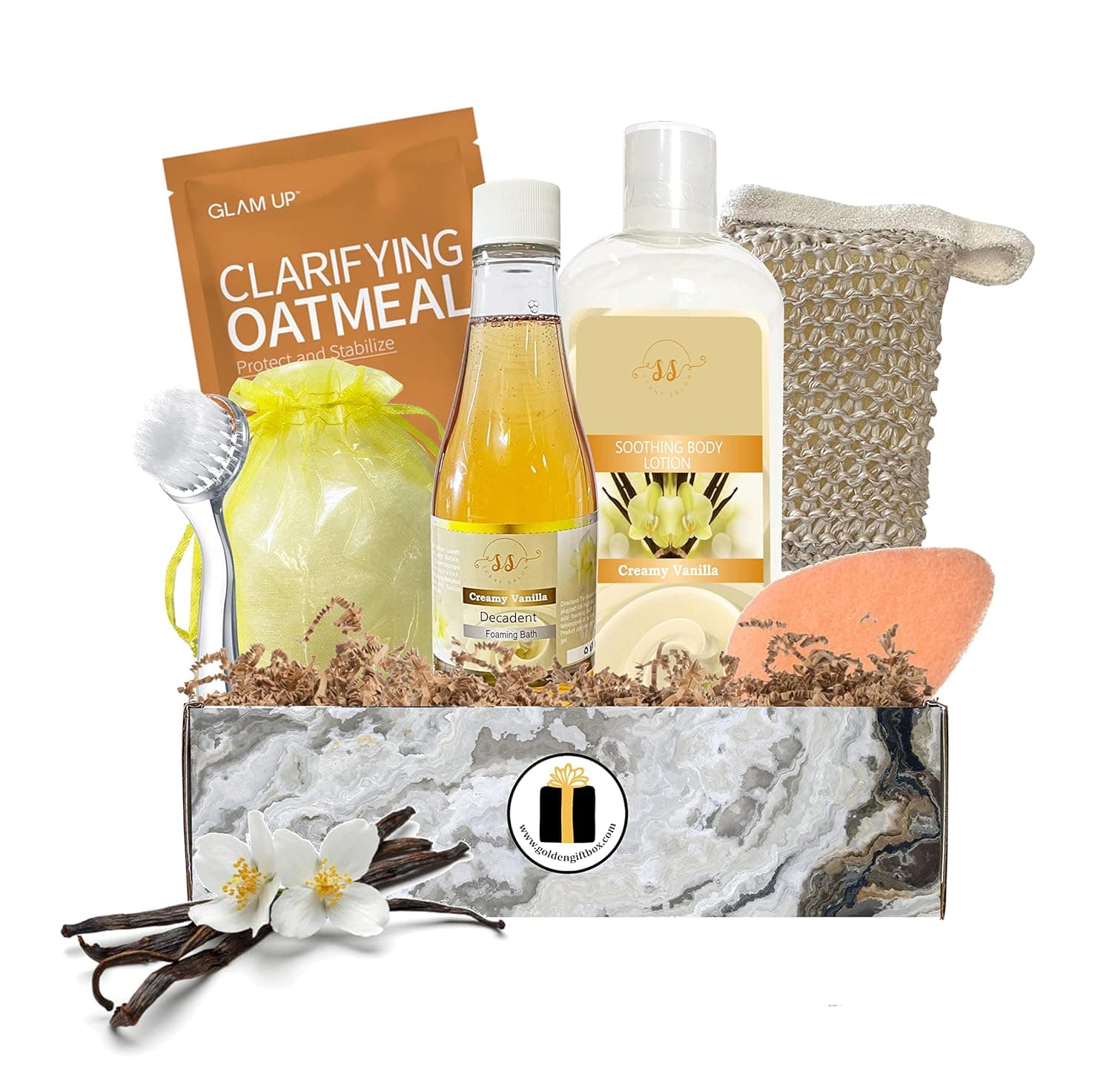 Bath Sets For Women Gift Vanilla Includes Soaking Bath Salts, Foaming Bath, Body Lotion, Face Sheet Mask, Face Brush, and Sisal Bath Sponge - Handmade Aromatherapy (6pcs - Creamy Vanilla)