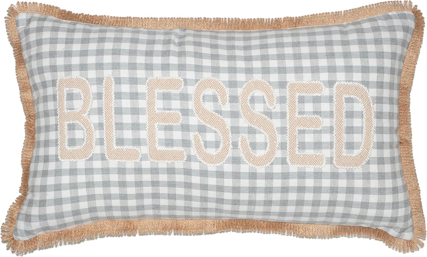 Wahdland Throw Pillow Covers 14x24 Inch,35x60cm Autumn Cushion Cover with Blessed Embroidered Farmhouse Decorative Grey White Plaid Pillowcases(No Pillow Insert)