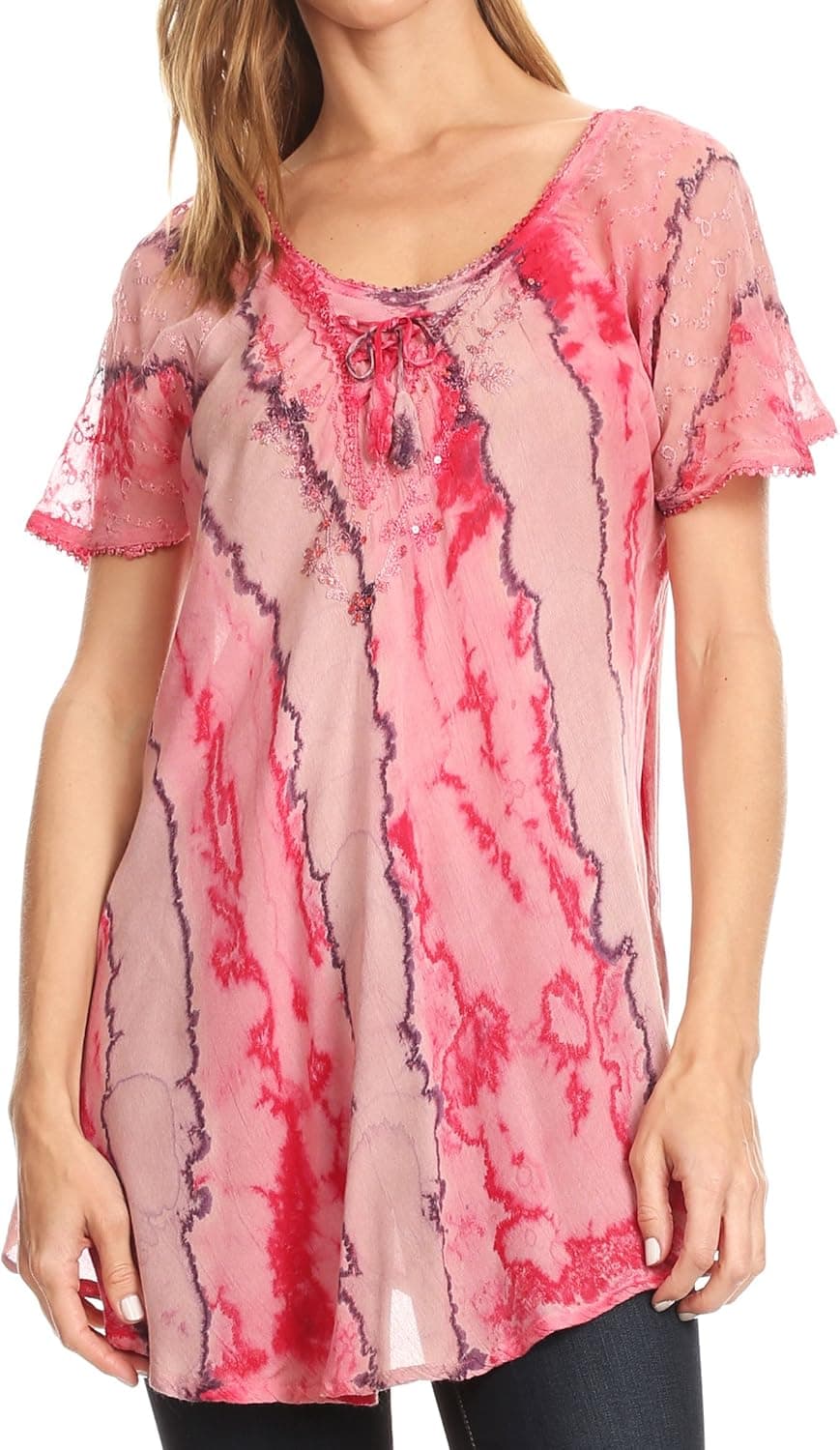 Sakkas Valencia Tie Dye Sheer Cap Sleeve Embellished Drawstring Scoop Neck Top