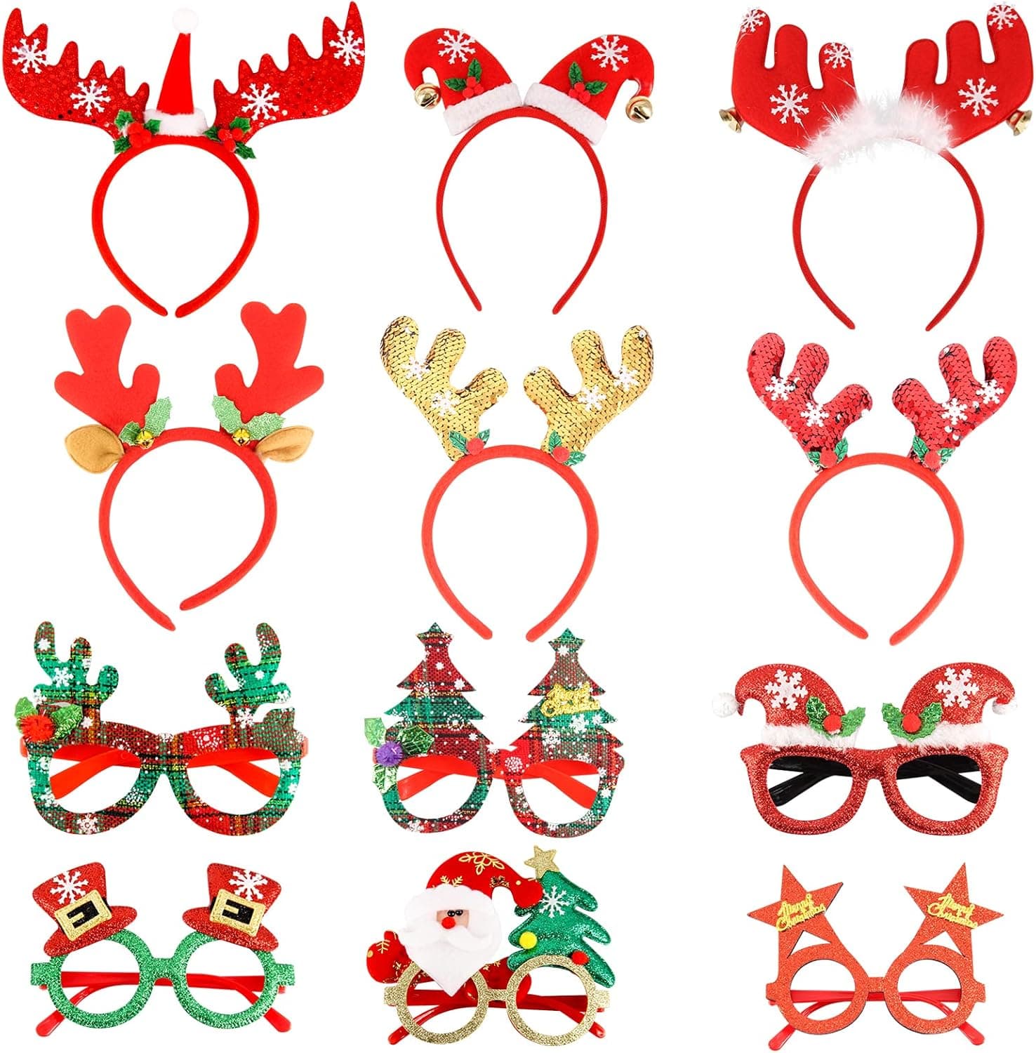 saicheng Creative Christmas Glasses Frame and Funny Cute Christmas Headbands 12 Pcs,Holiday Party Decorations Glittered Accessories Deer Hats