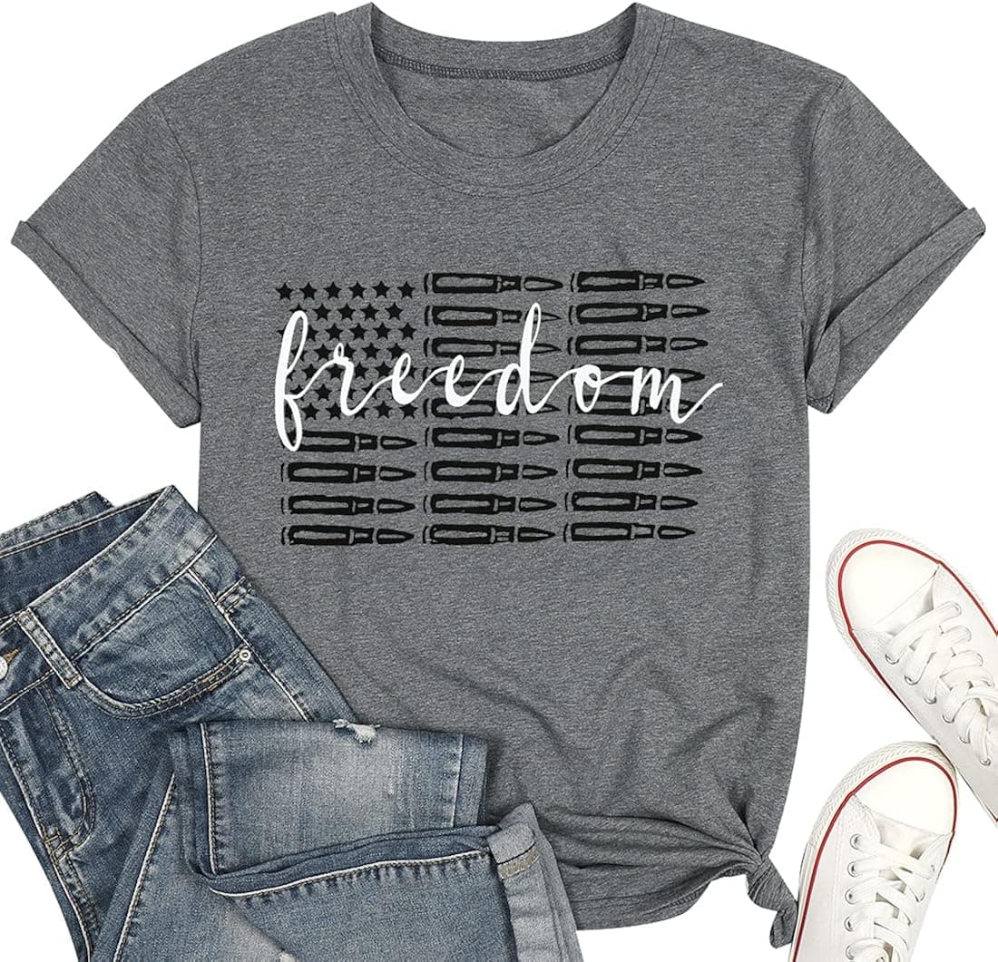 KIDDAD Freedom American Flag Shirts Women Vintage 4th of July Patriotic T Shirt Casual Short Sleeve Tee Tops