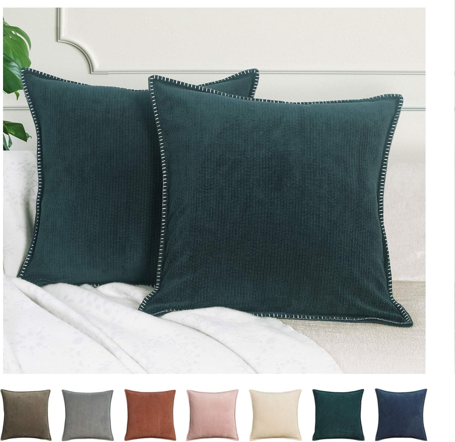 KAYCEE ROSE Trimmed Corduroy Throw Pillow Covers, Pack of 2 Farmhouse Cushion Covers for Couch Sofa Living Room, Solid Decorative Square Couch Pillows 18x18 inches, Dark Green