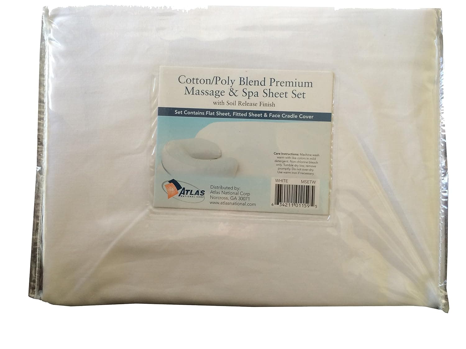 Atlas White 3-Piece Massage & Spa CottonPoly Table Linen Set with Soil Release Finish & Extra Large Flat Sheet, Premium Quality Preferred by Professionals in the Industry, 190 Thread Count Percale