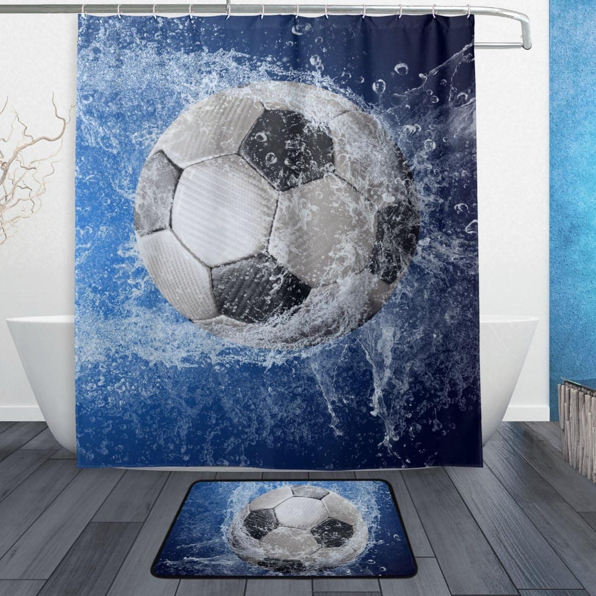 ALAZA Set of 2 Sports 60 X 72 Inches Shower Curtain and Mat Set, Soccer Ball Waterproof Fabric Bathroom Curtain and Rug Set with Hooks