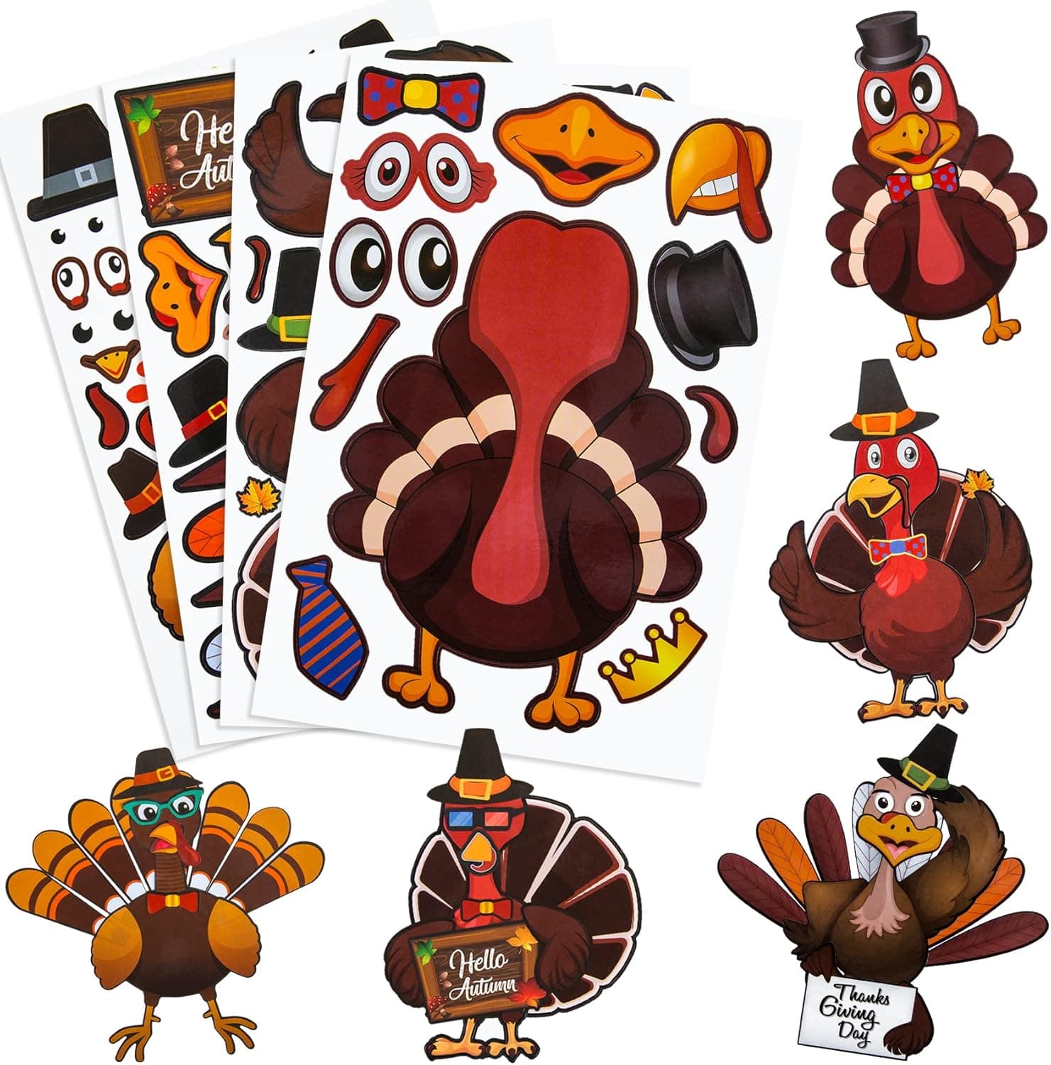 24 Sheets Make-A-Turkey Stickers Thanksgiving Party Favors, Thanksgiving Crafts Gifts for Kids, DIY Activities Stickers for Fall Autumn Harvest Games Toys Decorations