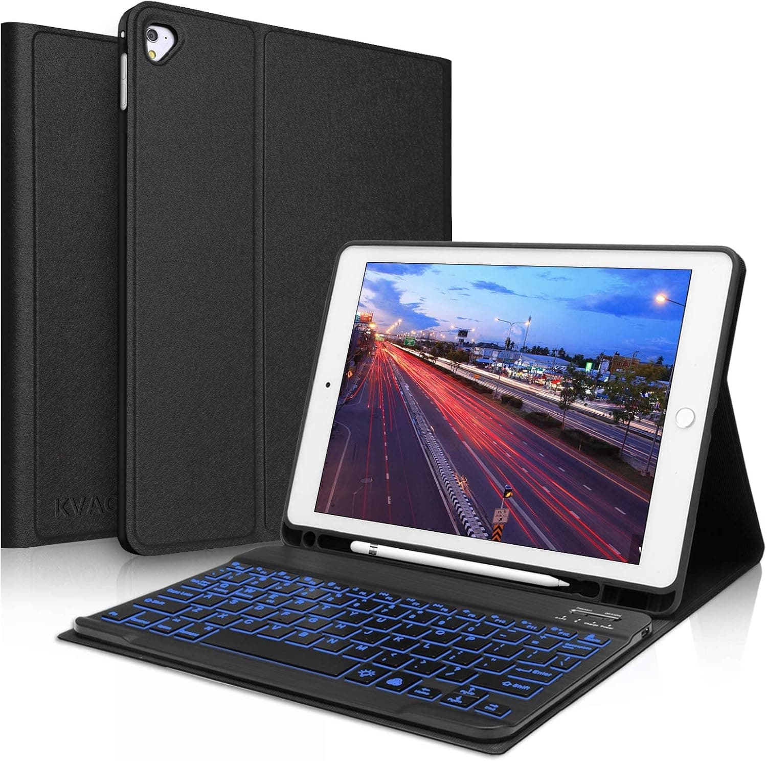 KVAGO iPad Keyboard Case 9.7 inch, Compatible with iPad 6th Gen 2018, iPad 5th Gen 2017, iPad Pro 9.7 inch, iPad Air 2, Air - 7 Colors Backlit - Detachable Wireless Keyboard - Smart Folio Case - Black