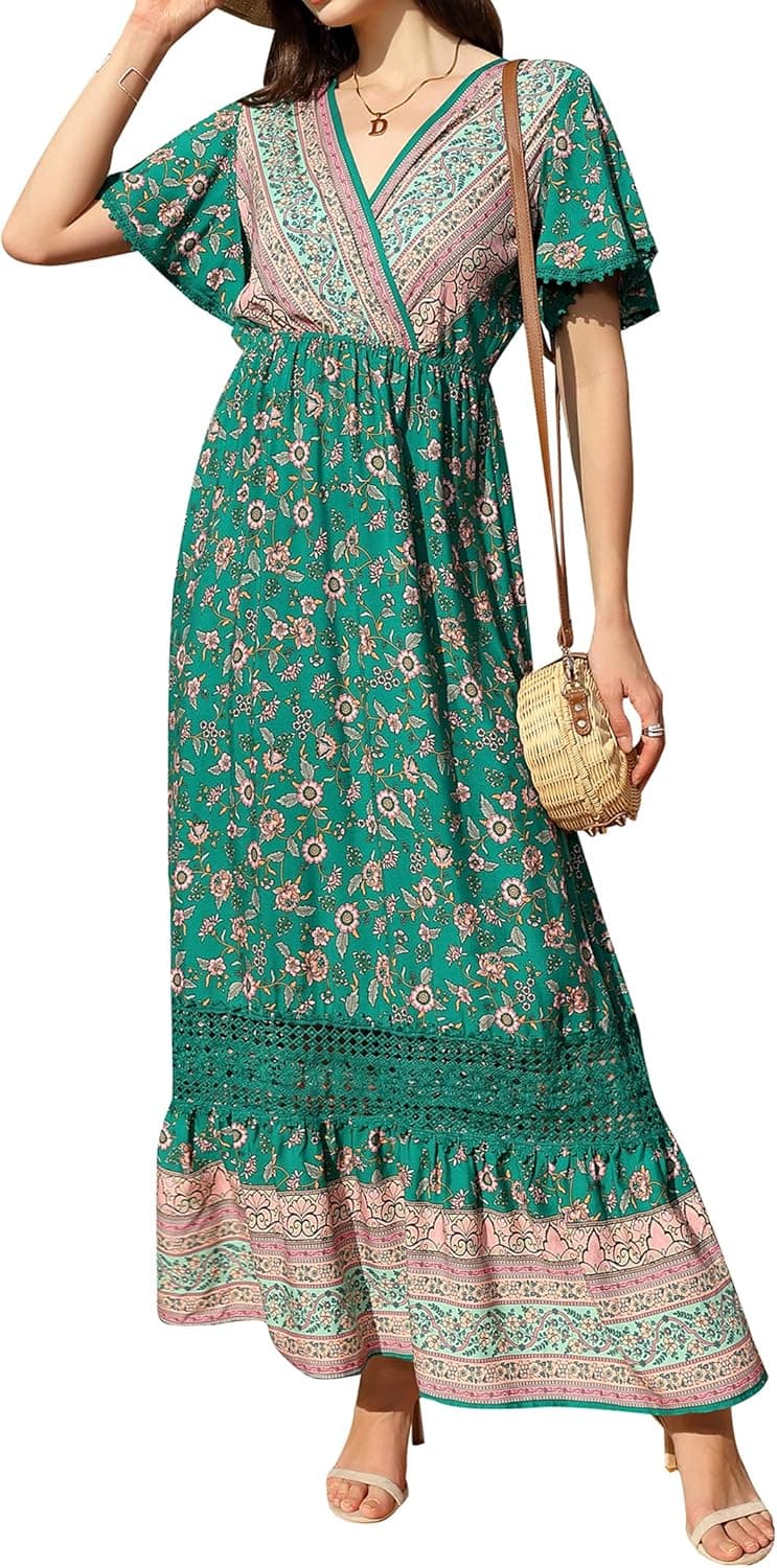 KOJOOIN Women's Summer Boho Floral Short Sleeve Dress V Neck High Waist Flowy Lace Dress Ruffle Beach Bohemian Maxi Dress