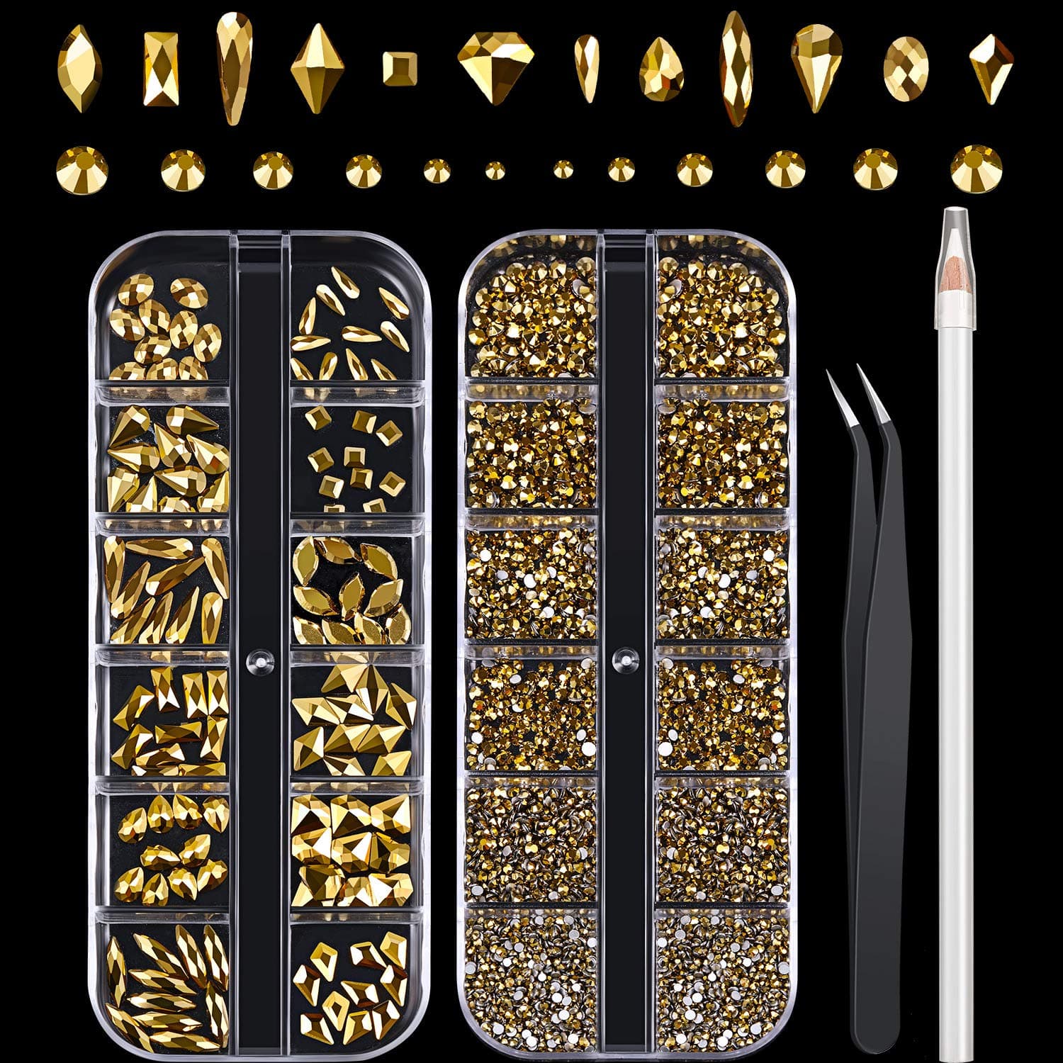 120 Pieces Multi Shapes Gems Crystals and 3000 Pieces Nail Art Rhinestones Round Flat Back Gems Diamond Stone with Rhinestone Picker Dotting Pen and Tweezer for Nail Art Craft Clothes (Gold)