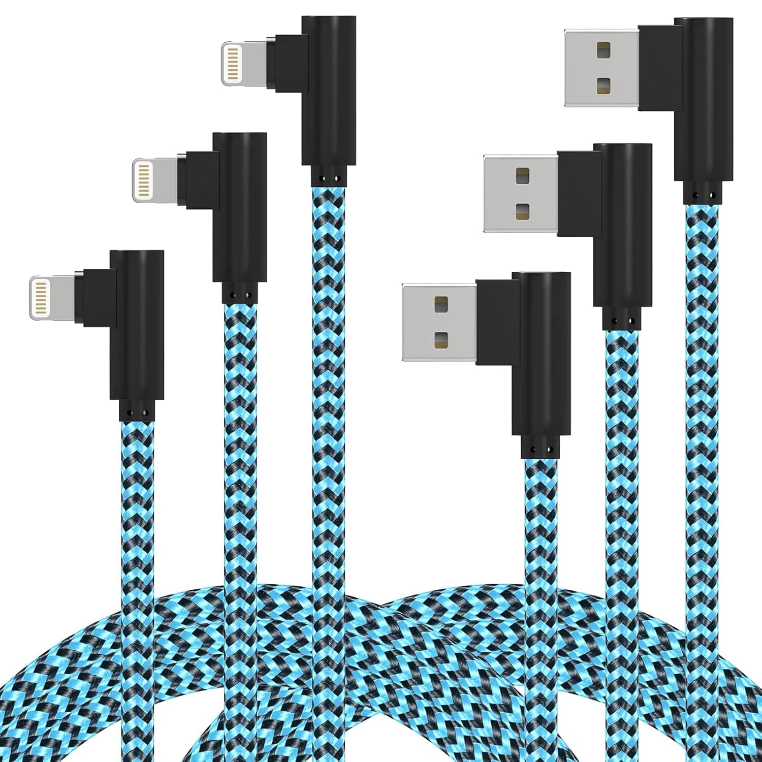 [Apple MFi Certified] iPhone Charger 10ft 3 Pack 90 Degree Lightning Cable Nylon Braided Long Fast Charging Cord for iPhone 14 13/12/11/11Pro/11 Max/X/XS/XR/8/7/6 (Blue 10 Feet)