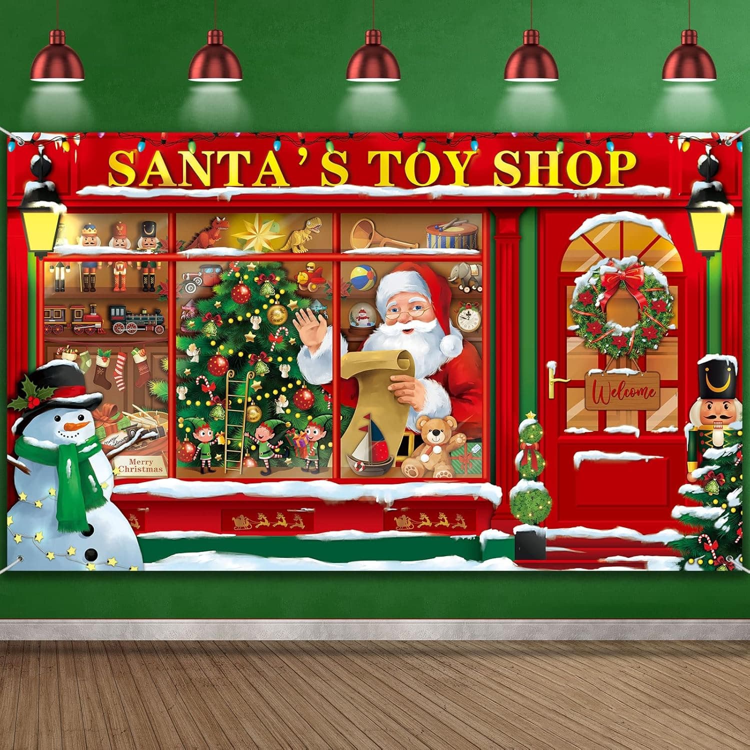 Christmas Party Photography Backdrop Banner Santa's Toy Shop Christmas Store Background Santa Store Photo Backdrop Santa's Toy Shop Background for Xmas Party Holiday Party Supplies, 72.8 x 43.3 Inch