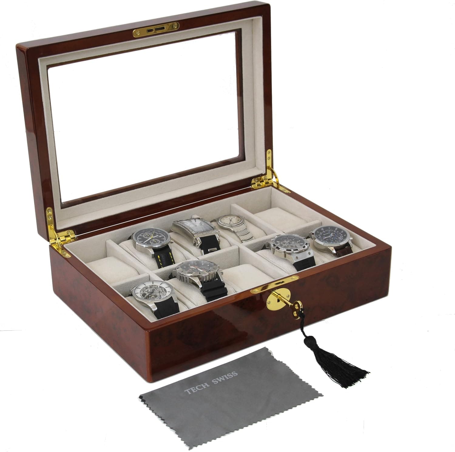 Tech Swiss Luxury Watch Box Burlwood Finish Wood Glass Window Lock (10 Watch Box)