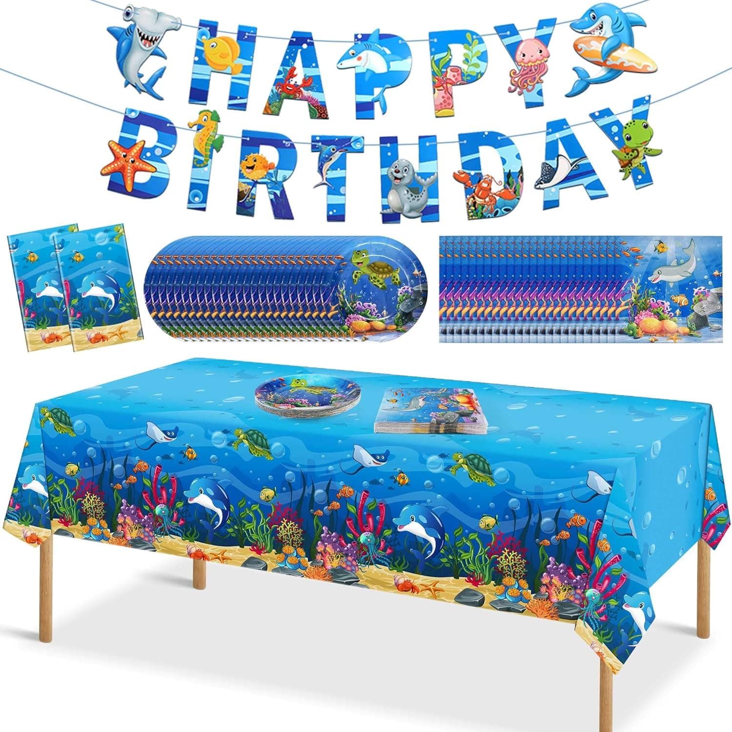 51 Pcs Under the Sea Party Decorations Birthday Party Supplies, Ocean Sea Life Dolphin Theme Tableware Includes 2 Tablecloths, 1 Banner, 24 Plates, 24 napkins-24 Guests